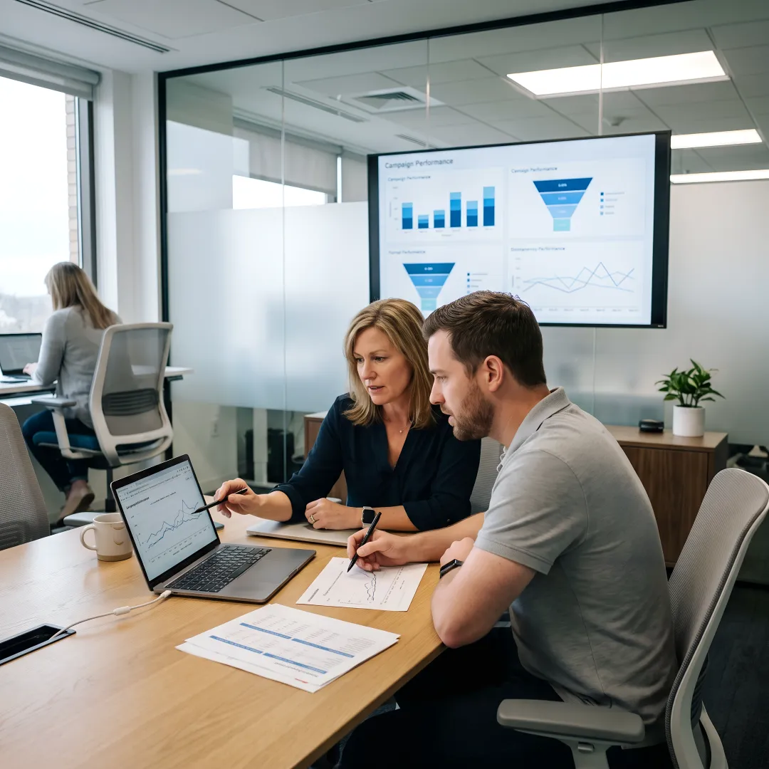Media team reviewing campaign analytics dashboards