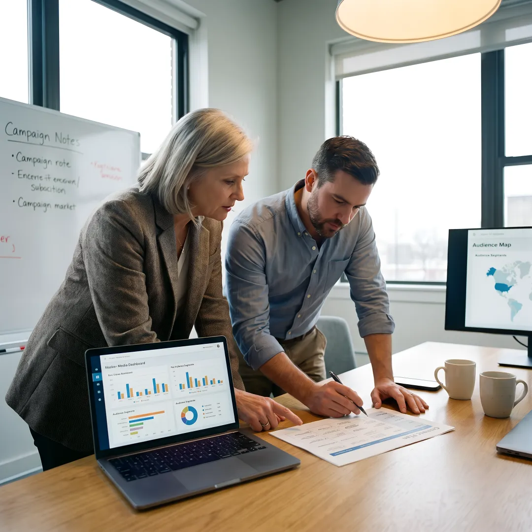 Media strategy team reviewing campaign performance dashboards