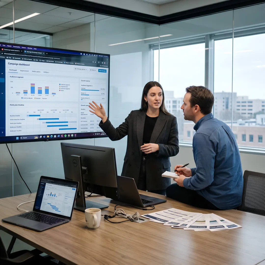Marketing team reviewing campaign strategy and analytics