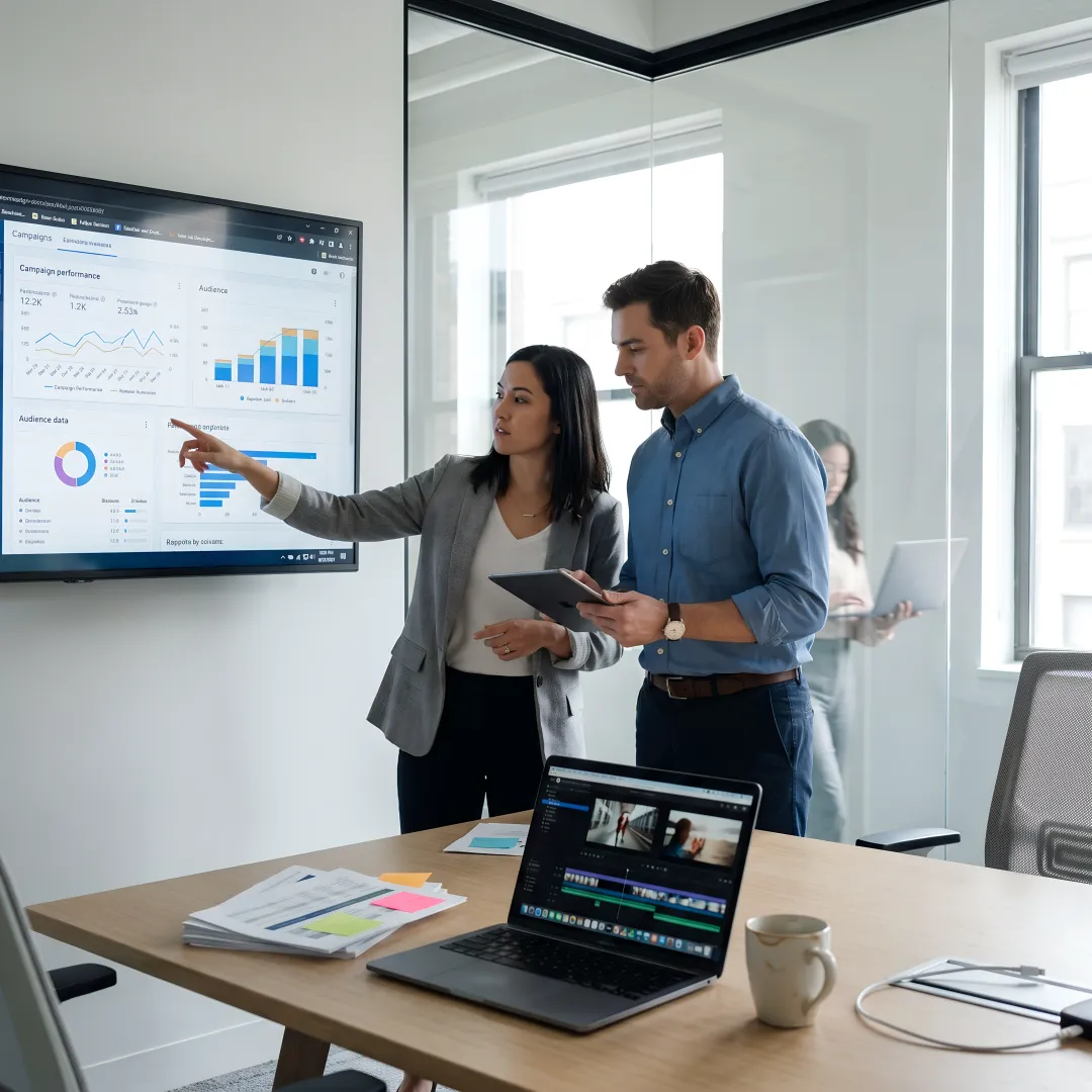 Marketing team reviewing campaign analytics