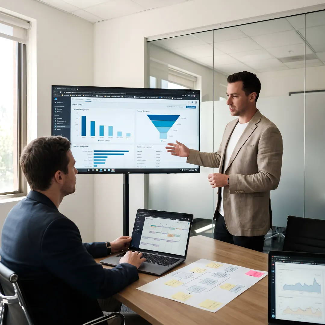 Marketing team planning campaign strategy with dashboards