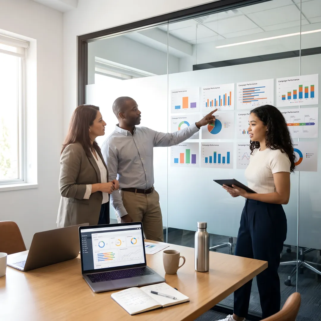 Strategic marketing team reviewing campaign performance dashboards