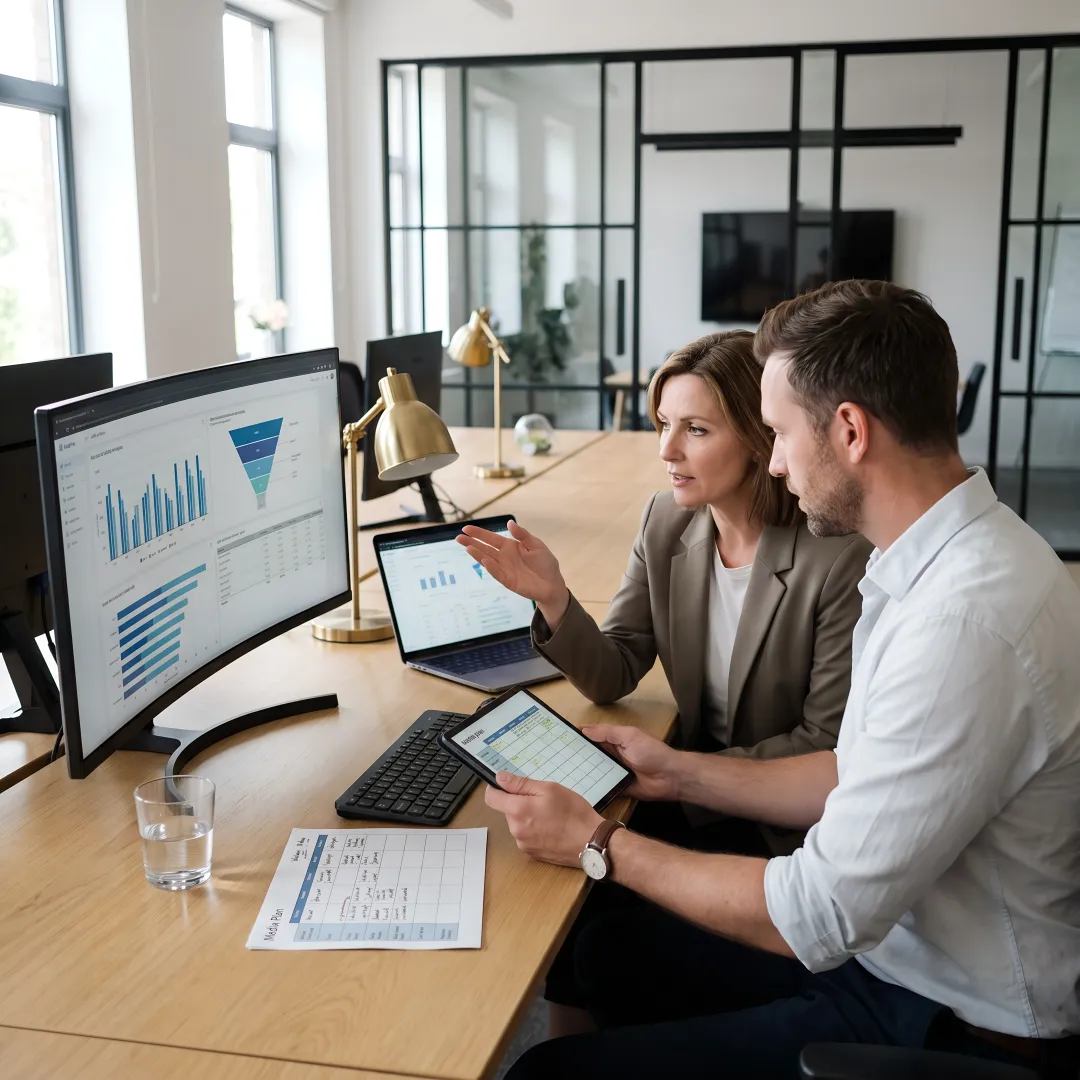 Marketing team reviewing campaign strategy and analytics