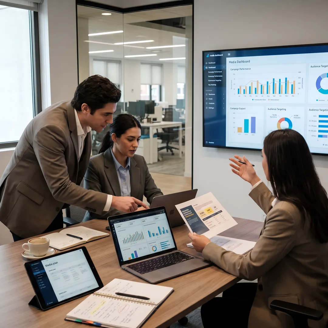 Media team reviewing campaign performance dashboards