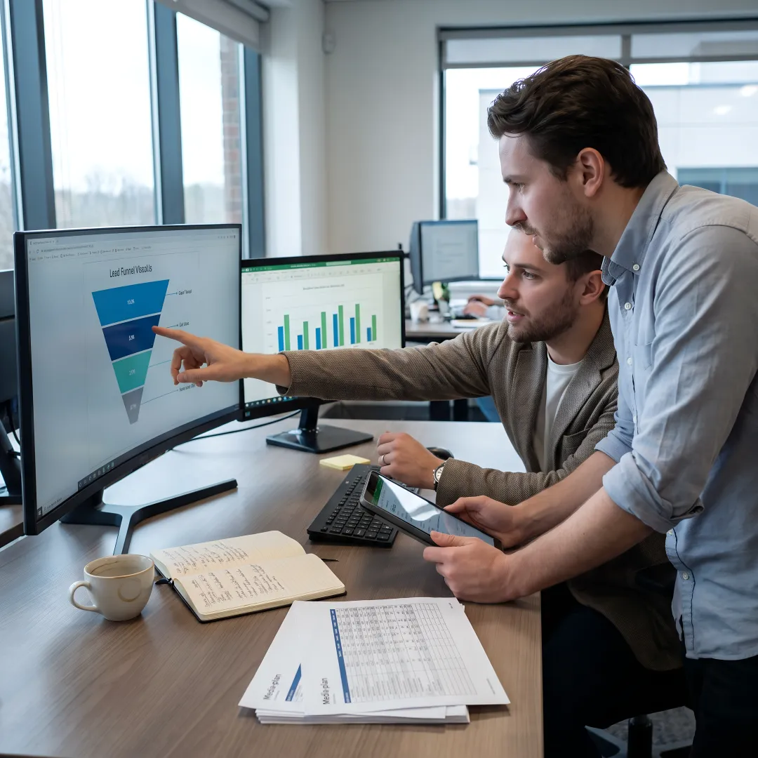 Media team reviewing franchise lead generation campaign analytics