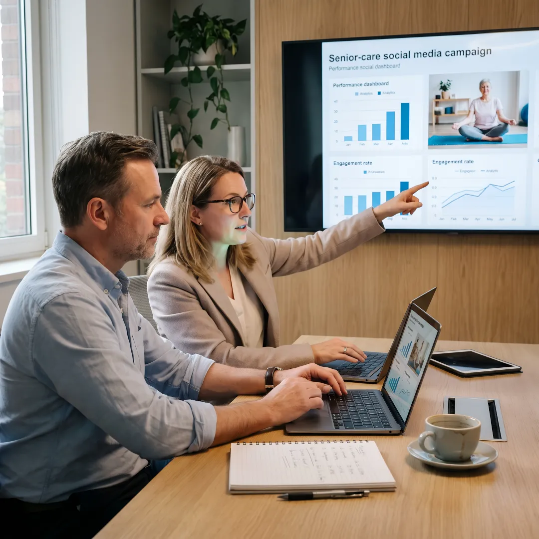 Healthcare social media strategy team reviewing campaign dashboard