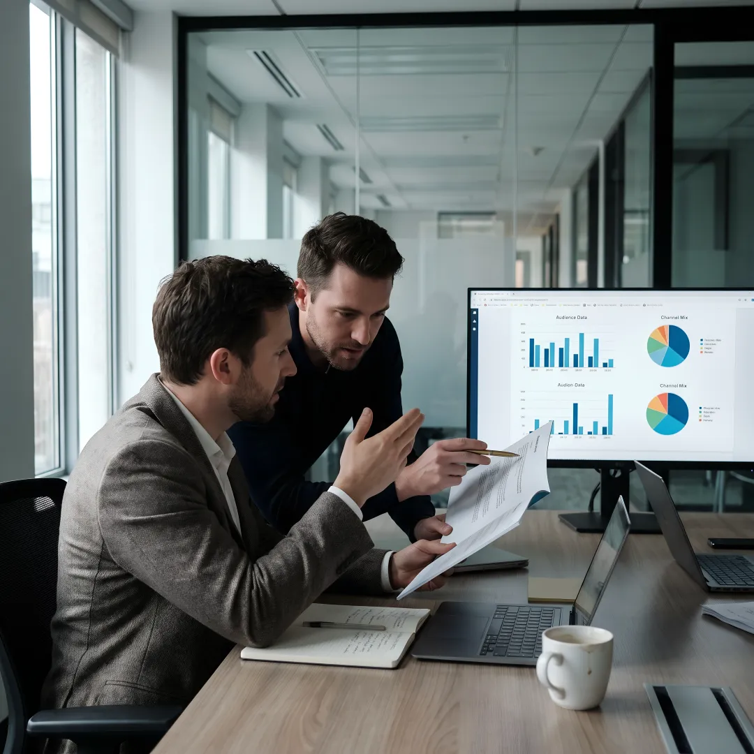 Media planning strategists reviewing strategy dashboards