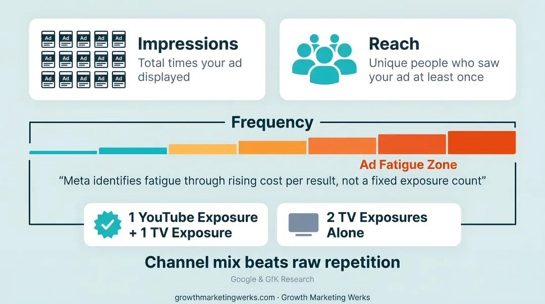 Impressions reach and frequency awareness stage metrics comparison infographic
