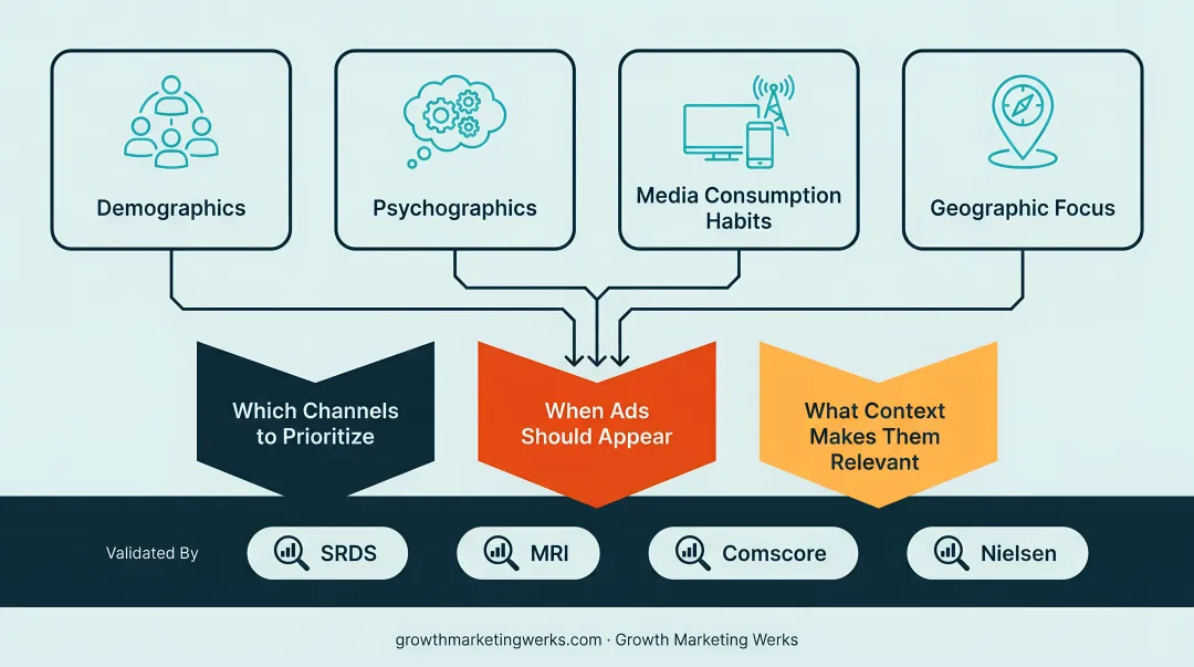 Media buying audience research process using SRDS MRI Comscore and Nielsen tools