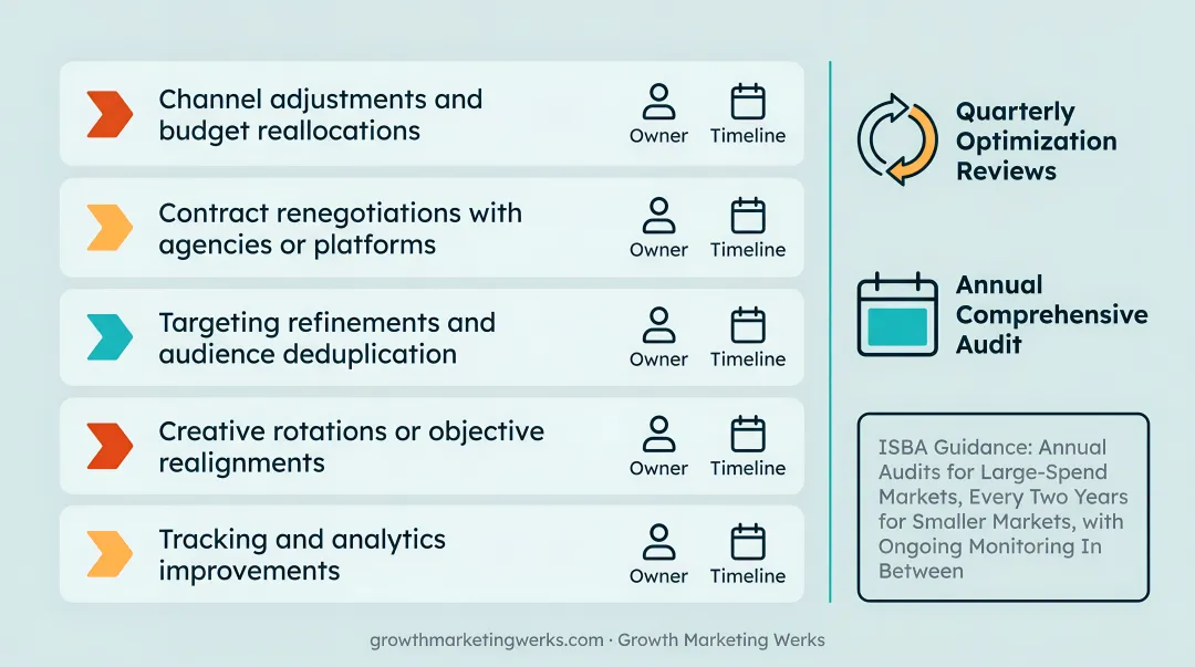 6-step media audit process flow from goal setting to ongoing cadence