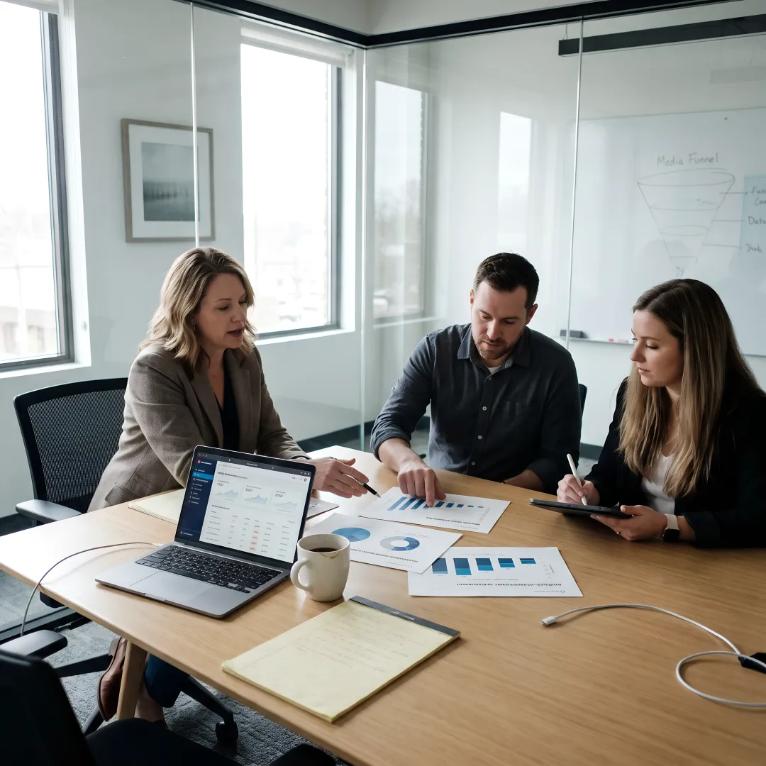 Marketing strategy team reviewing growth plan