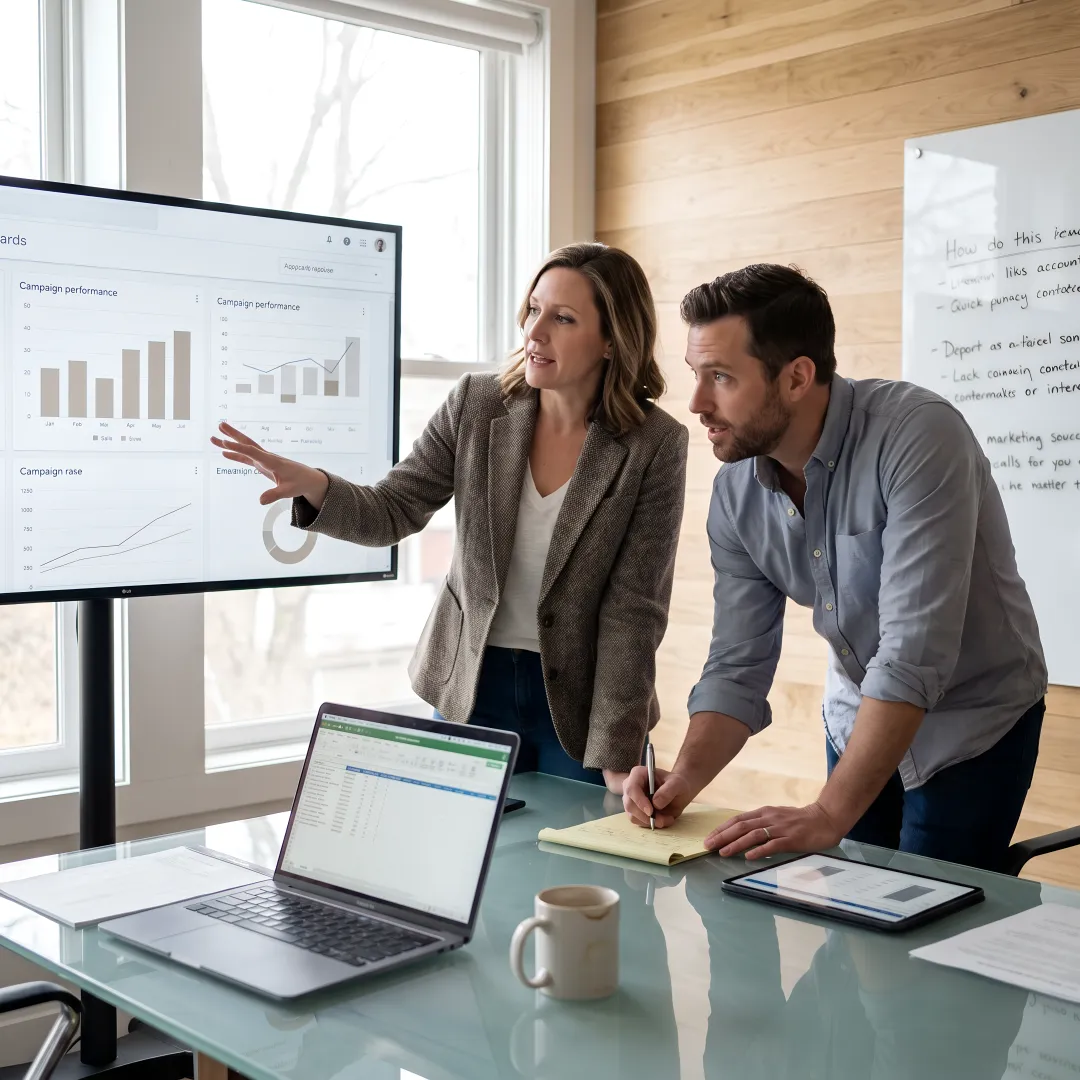 Media strategy team reviewing campaign analytics