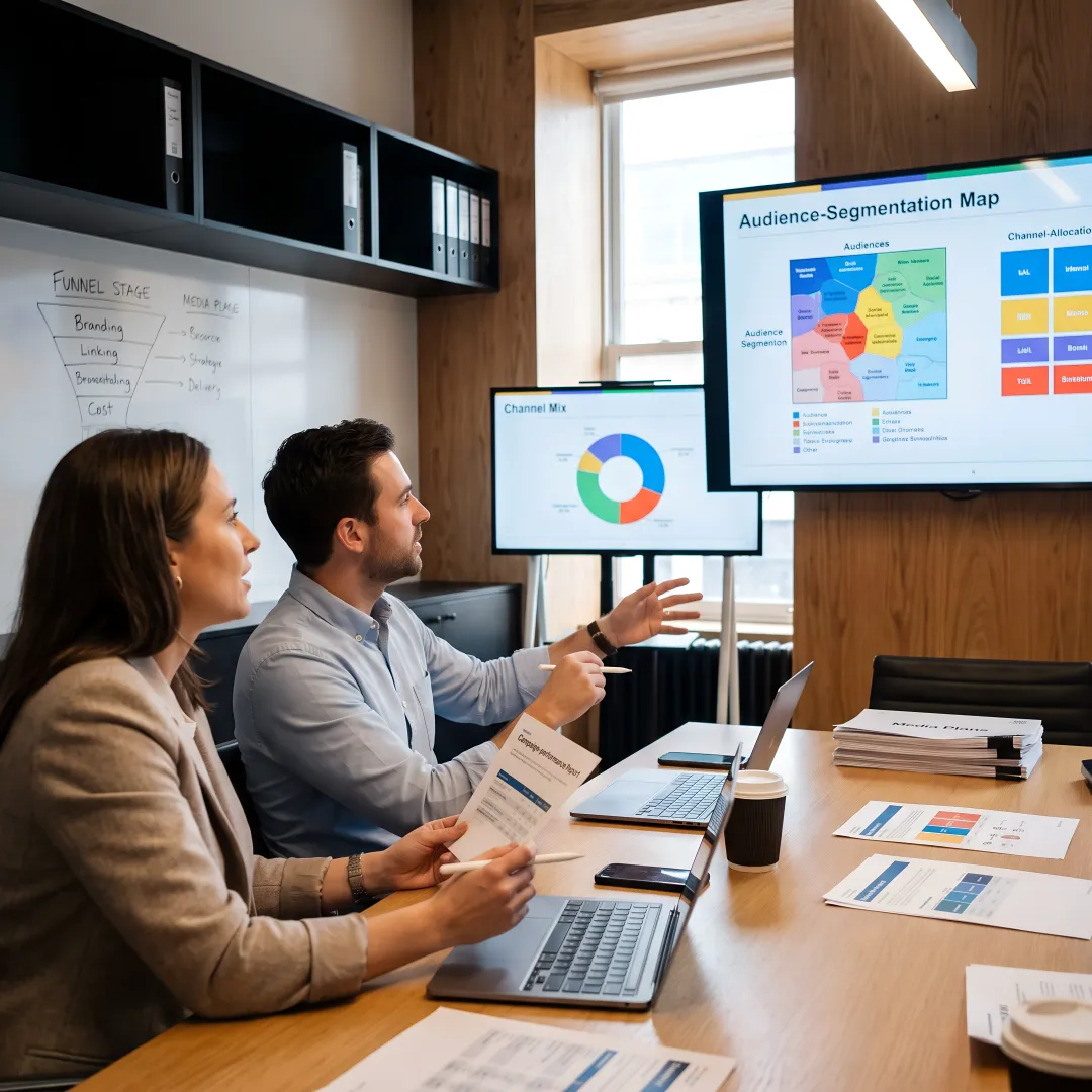 Media planning team reviewing campaign performance dashboards