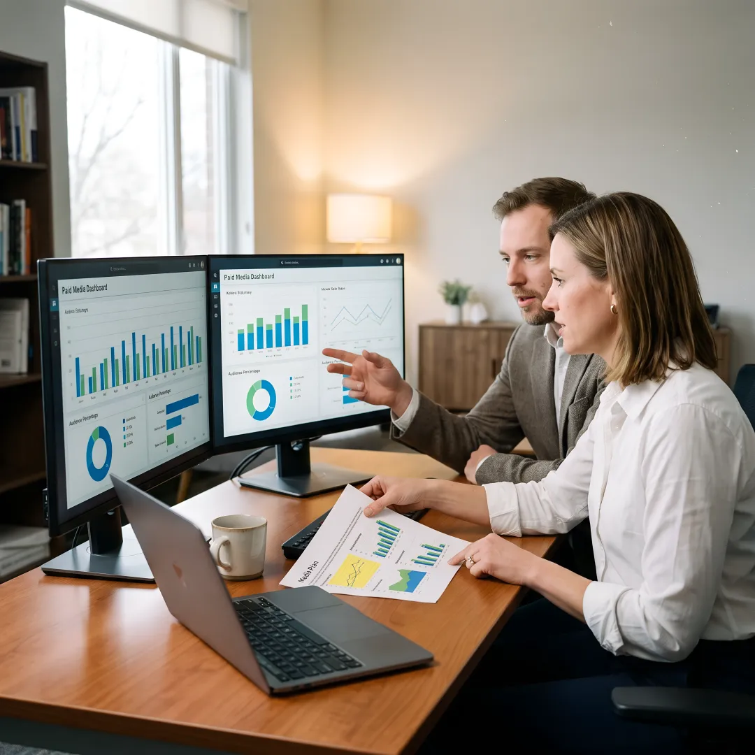 Paid advertising agency team reviewing campaign analytics