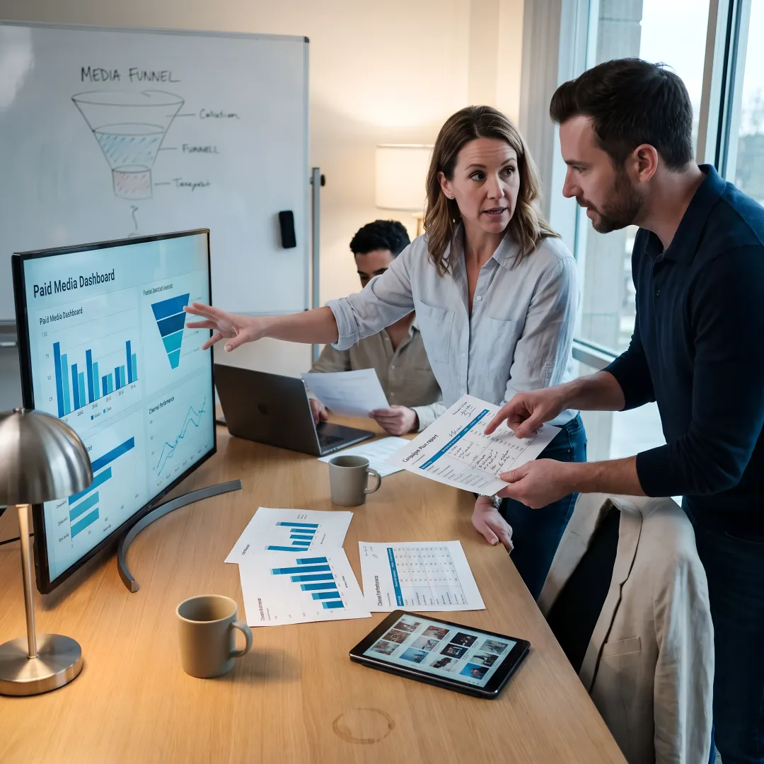 Marketing team reviewing paid media performance dashboard