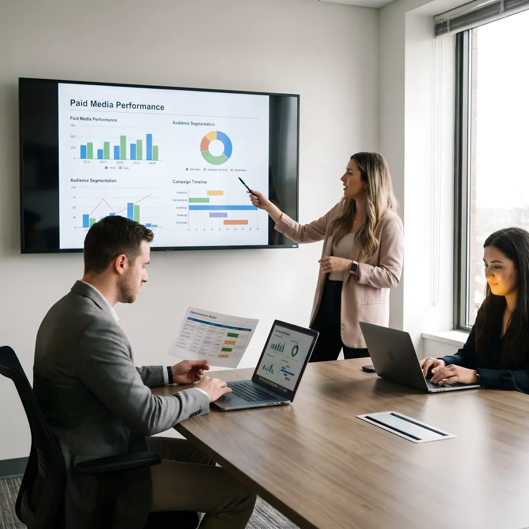 Paid media team reviewing campaign analytics