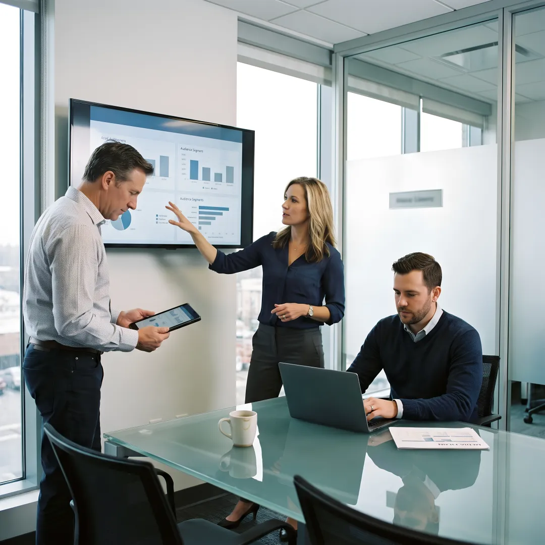 Media strategists reviewing campaign dashboards and channel plans