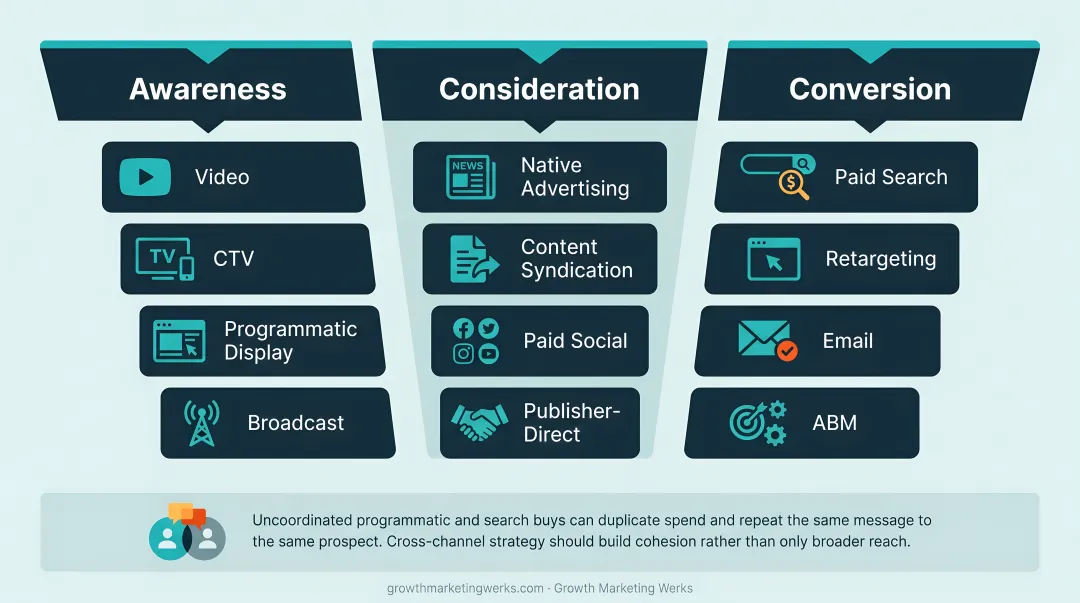 Marketing funnel channel map from awareness to consideration to conversion stages