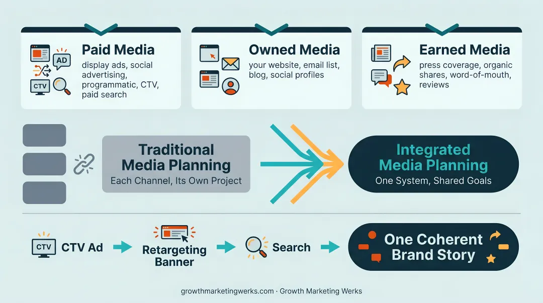 Paid owned and earned media channels forming one integrated brand experience