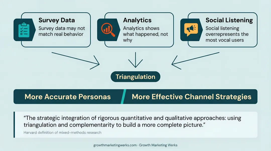 Qualitative and quantitative research triangulation diagram combining three data source types