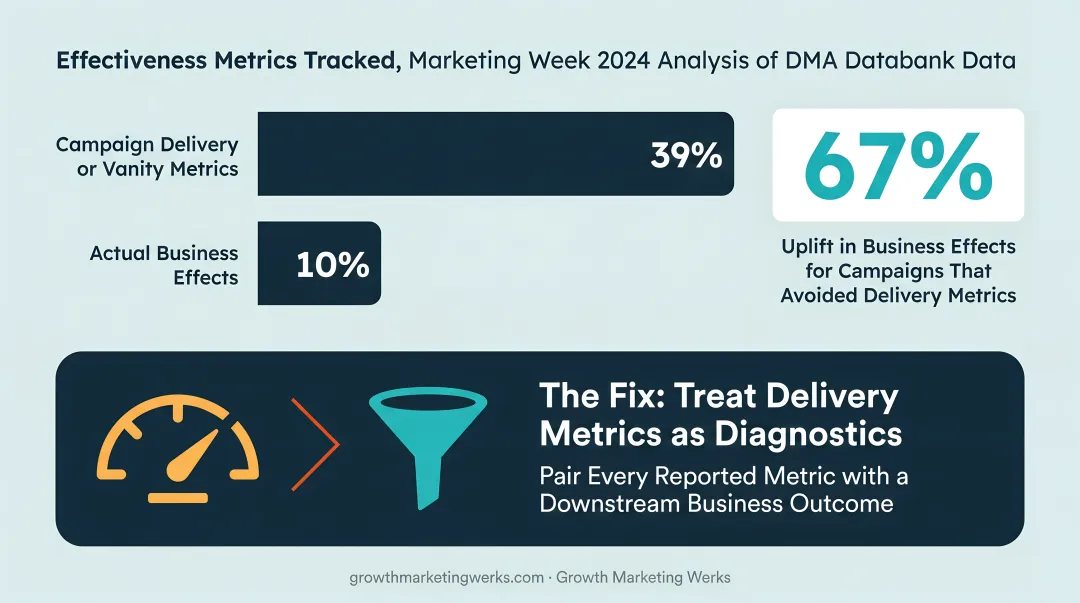Vanity metrics versus business effect metrics breakdown with effectiveness percentage comparison