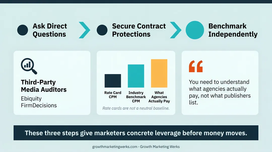 Three-step marketer protection framework against undisclosed principal media buying markups