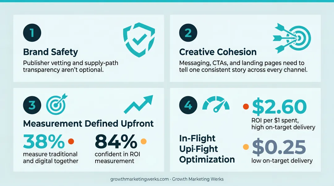 High versus low on-target ad delivery ROI comparison showing 2.60 versus 0.25 return