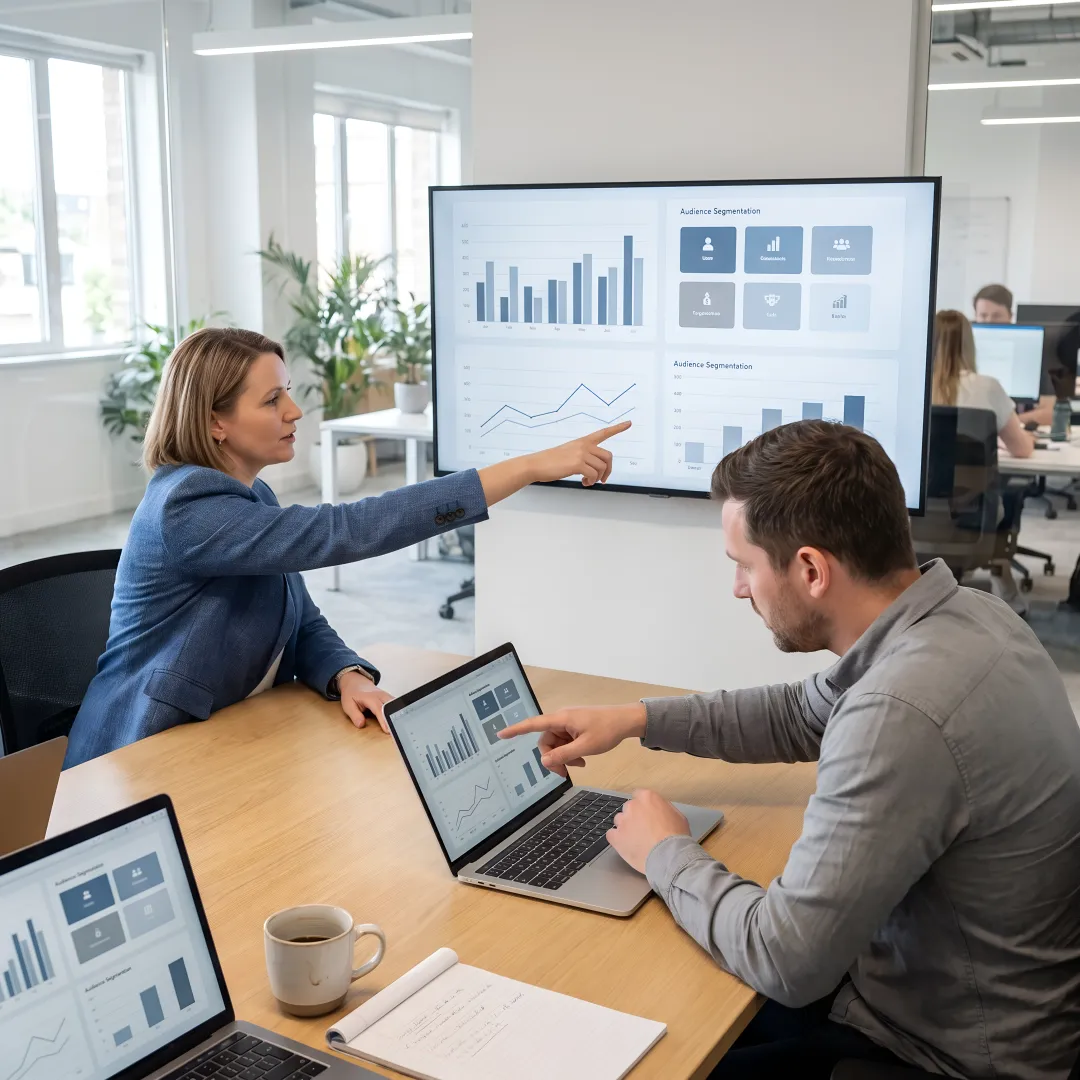 Marketing team reviewing campaign performance dashboards