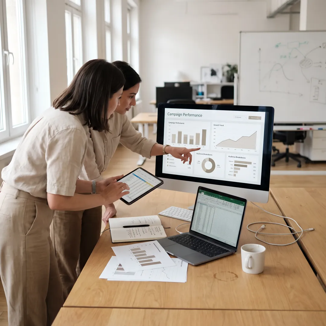 Growth marketing strategy team analyzing campaign dashboards