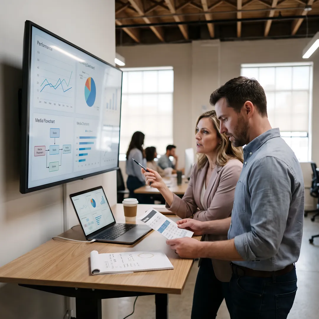 Marketing team reviewing campaign strategy dashboards