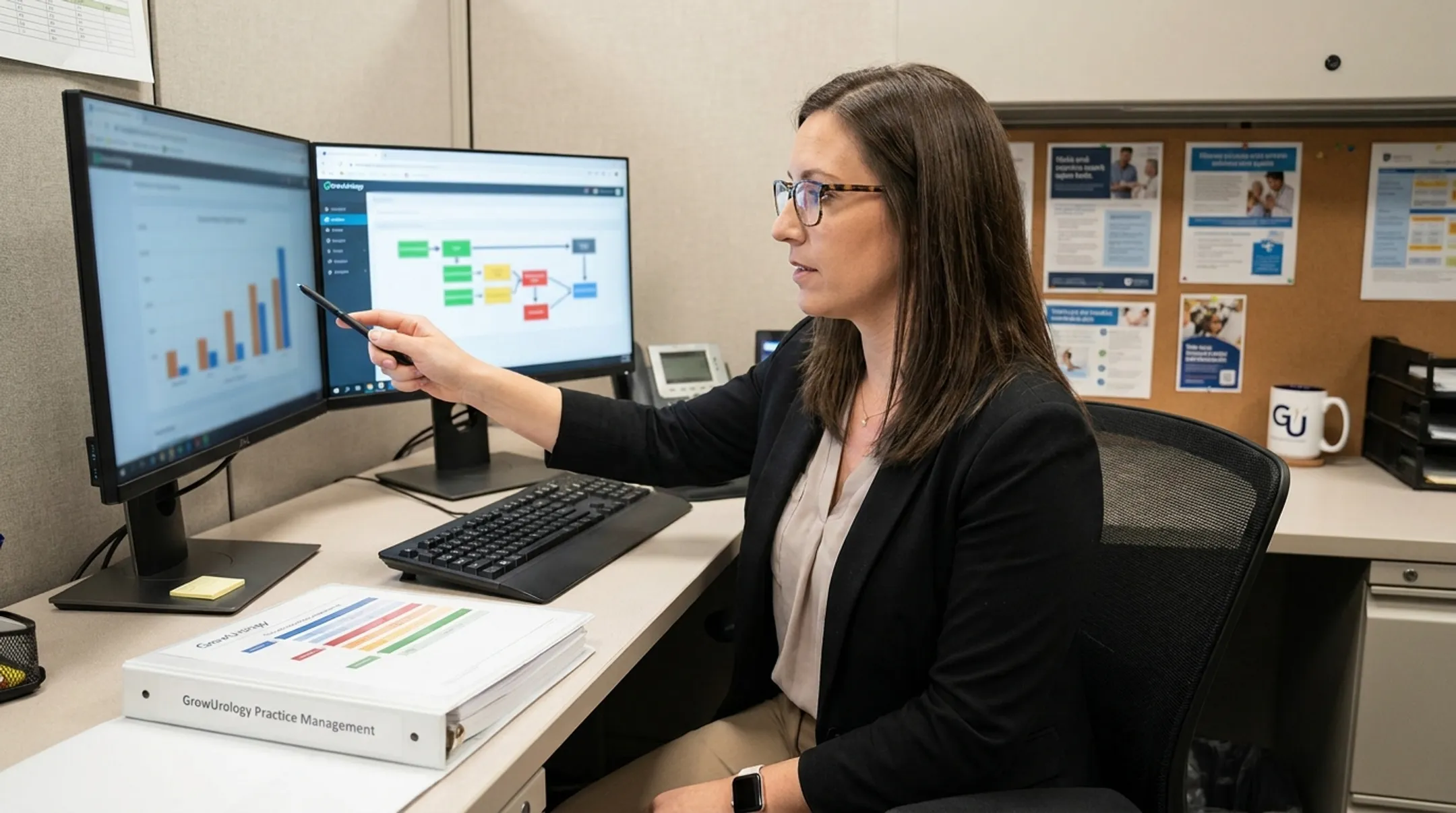 GrowUrology reimbursement specialist reviewing payer authorization lookup tool