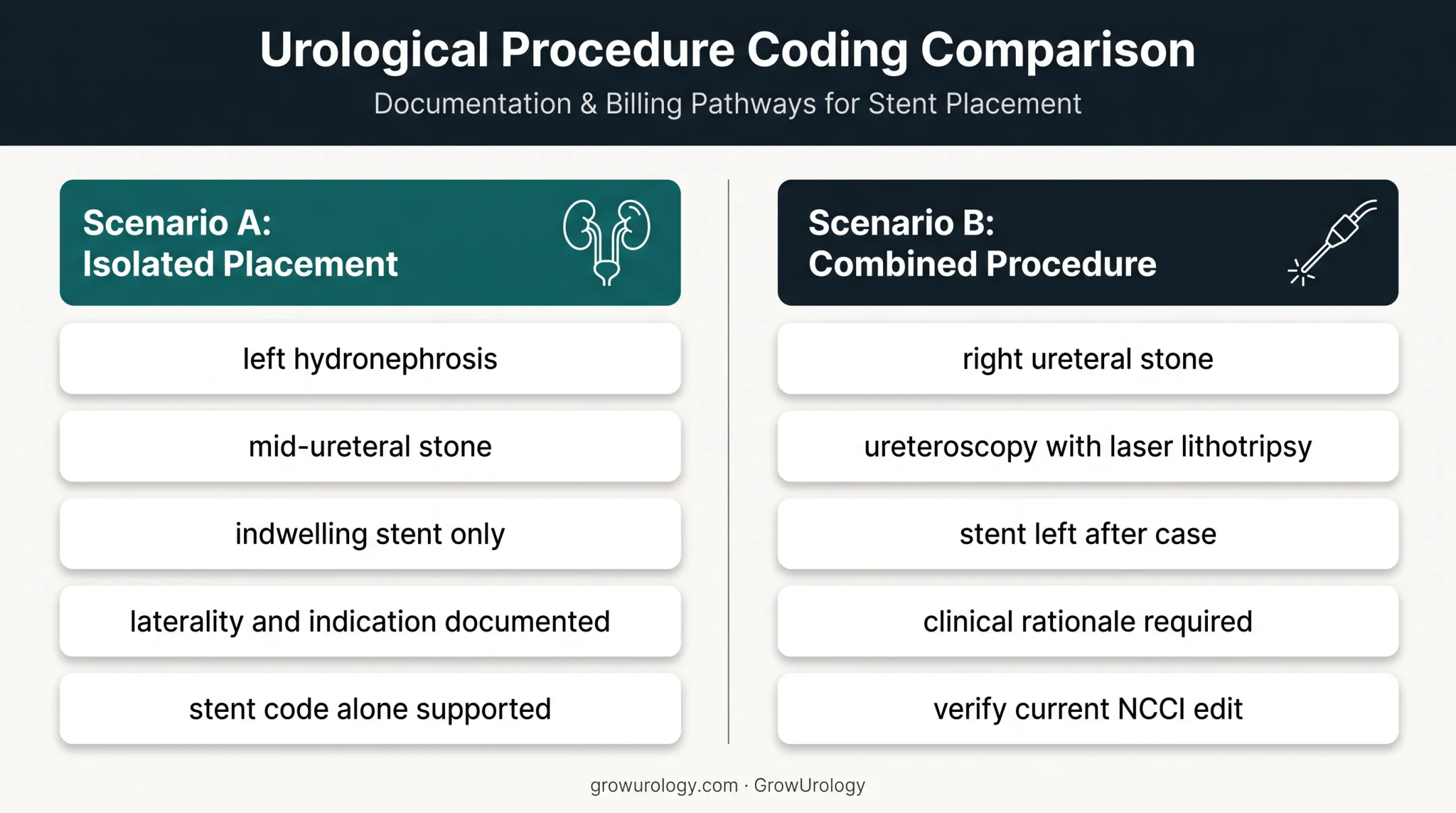 Two ureteral stent claim scenarios showing isolated and combined procedures