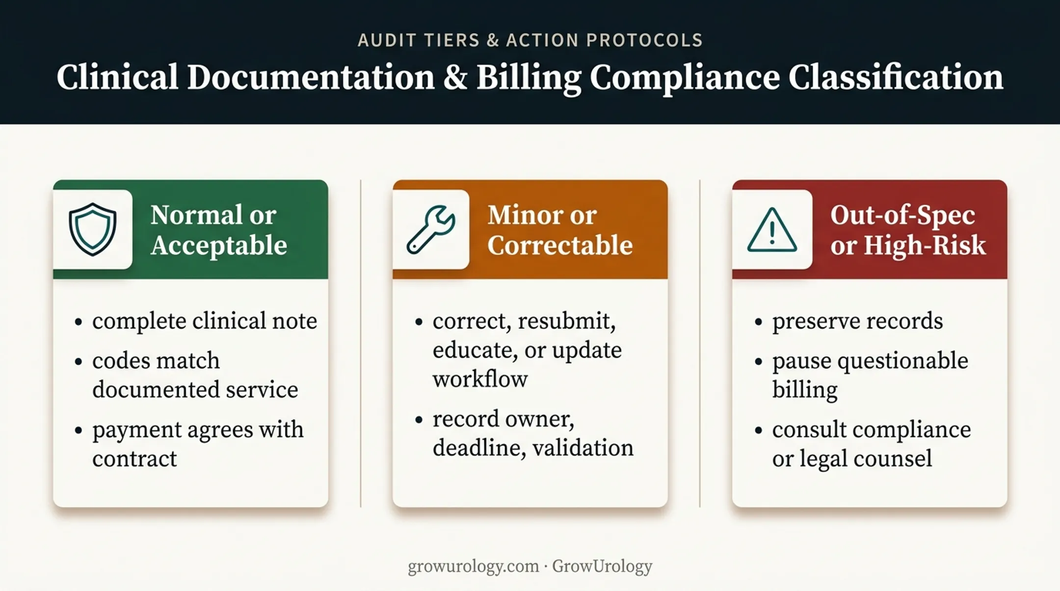 Three-tier urology billing audit finding classification framework