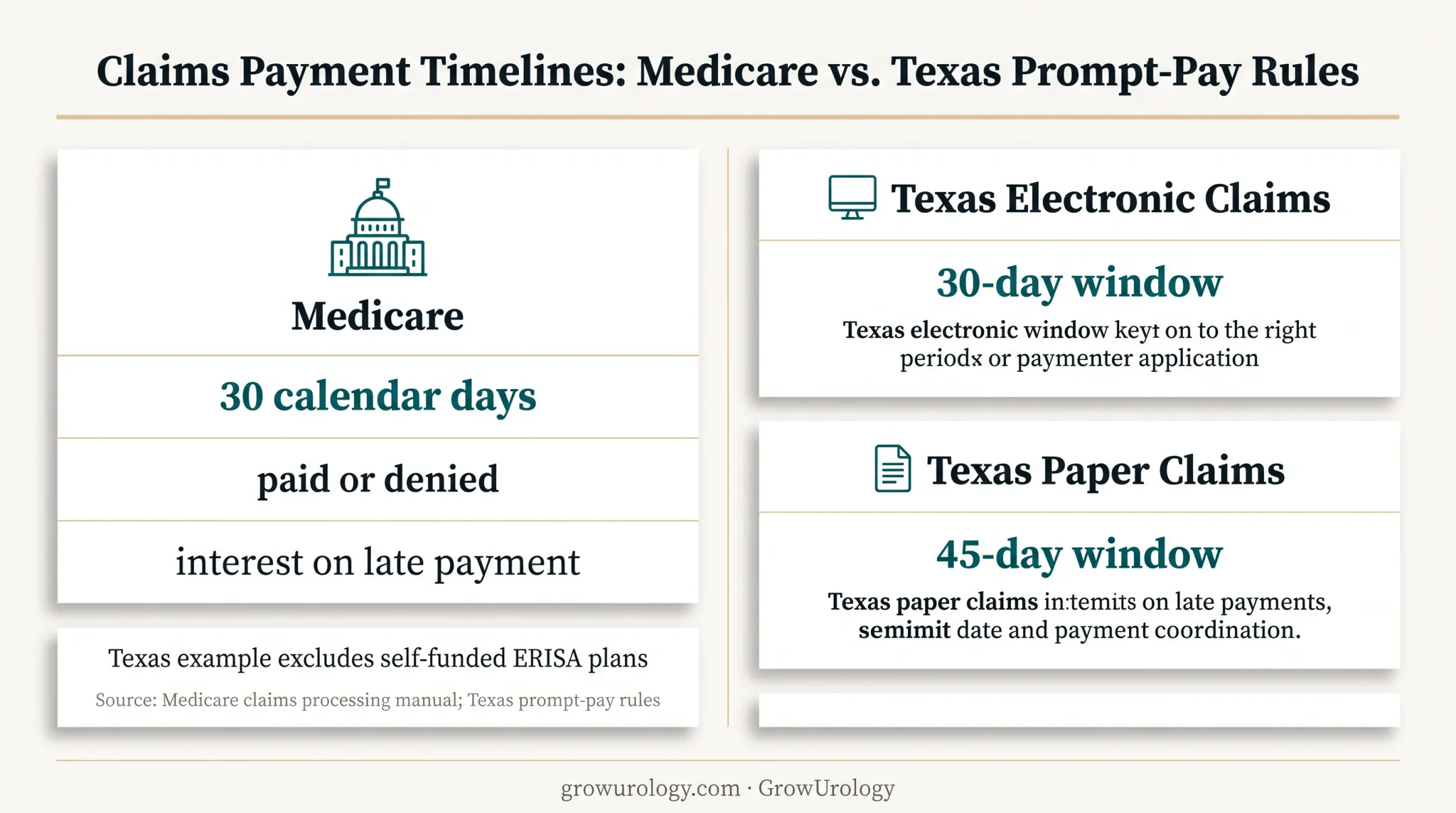 Medicare and Texas prompt payment deadlines comparison infographic