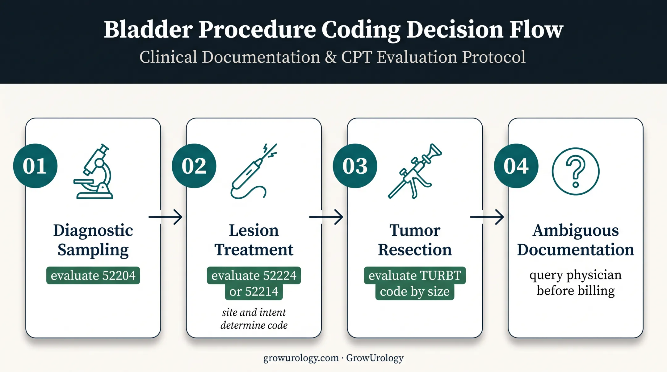 Four-step bladder procedure CPT code decision path