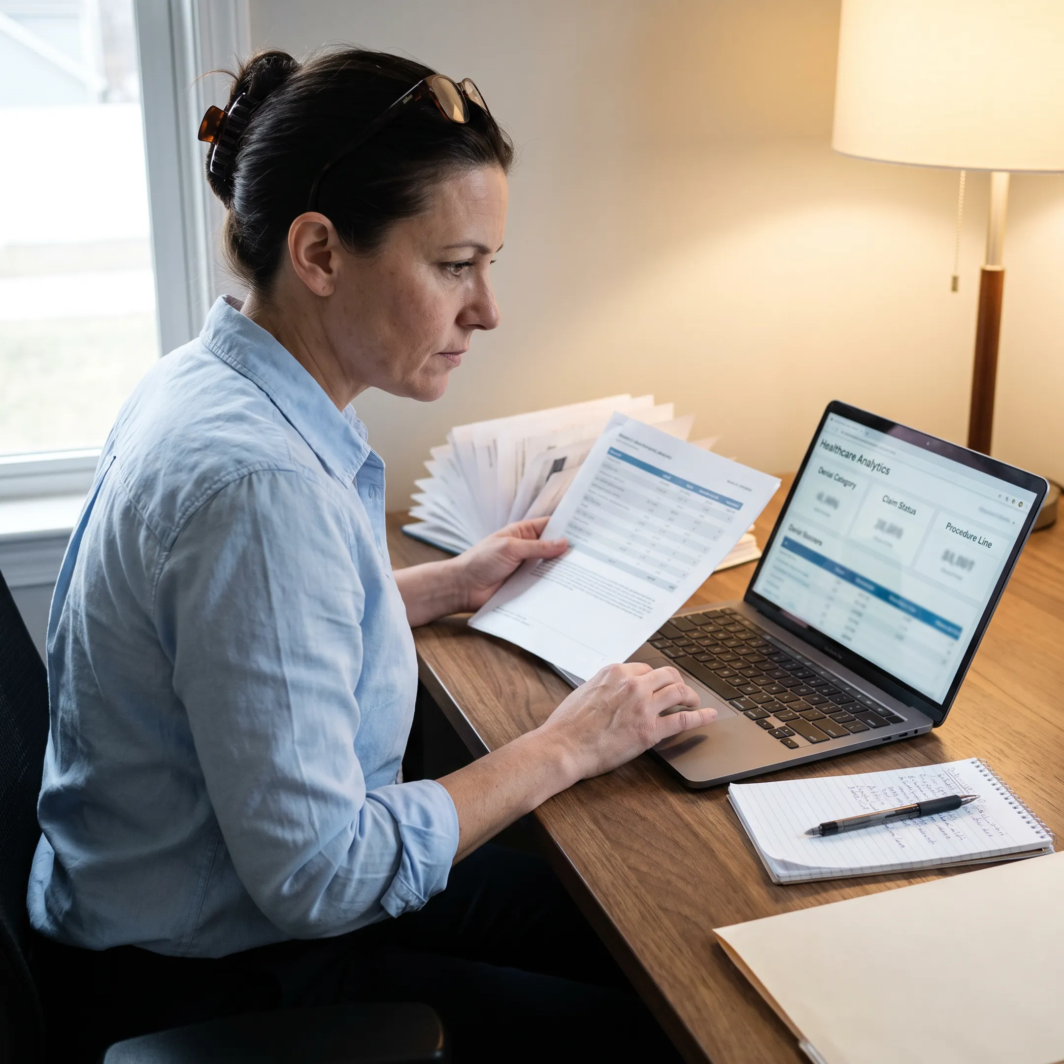 Consultant analyzing urology revenue cycle data and denial trends on a laptop