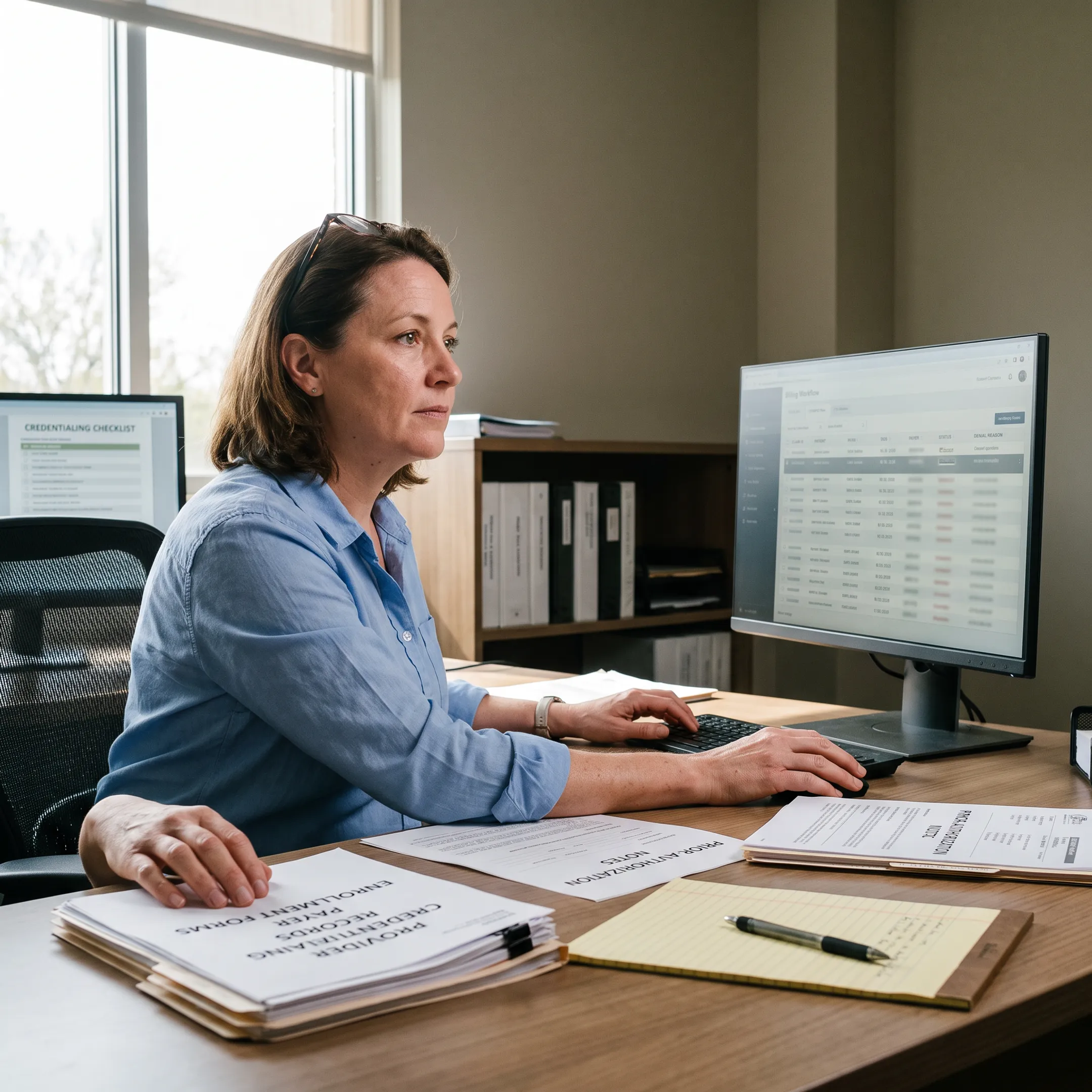 Specialist reviewing urology payer enrollment and revenue cycle workflow