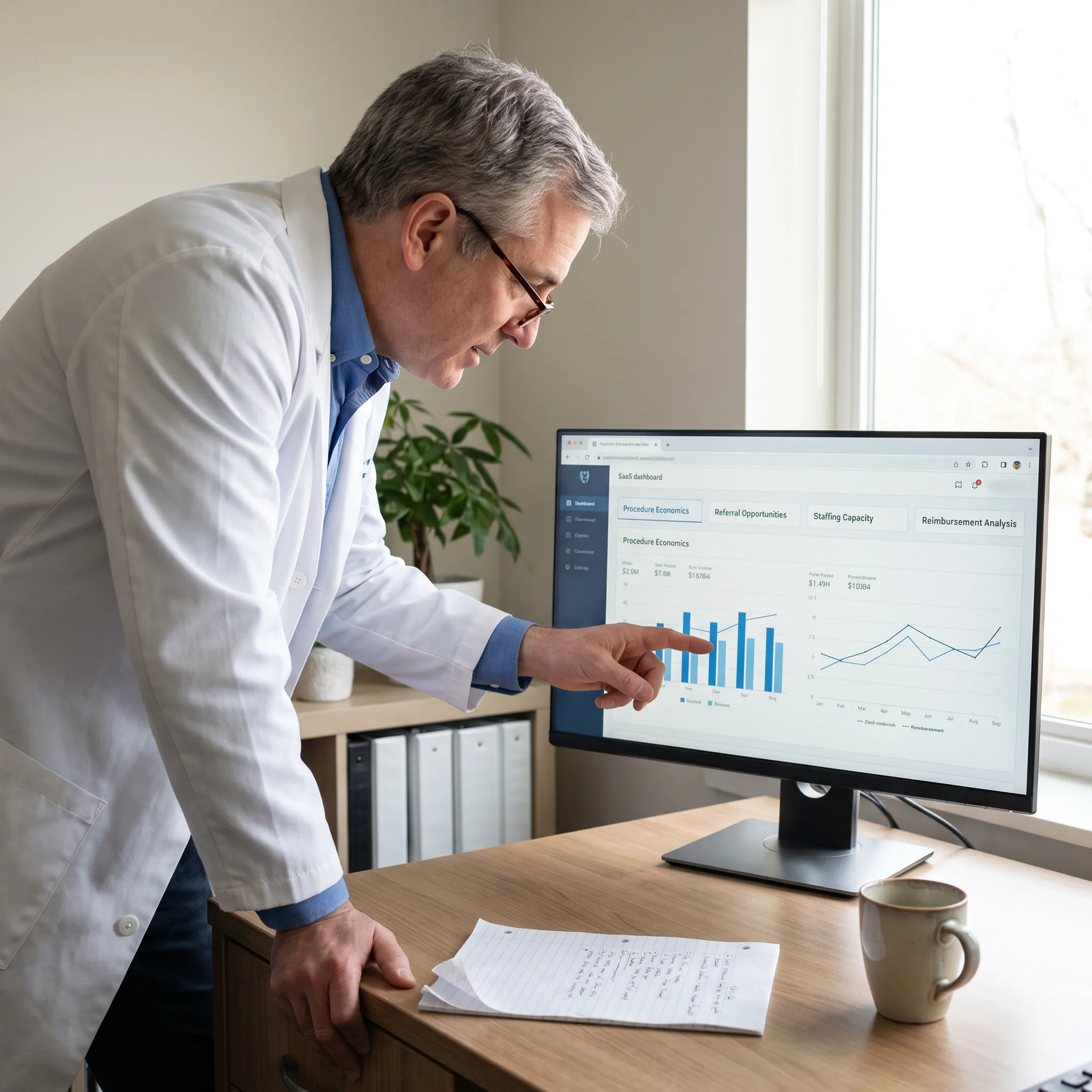 Urology practice owner reviewing a financial planning dashboard
