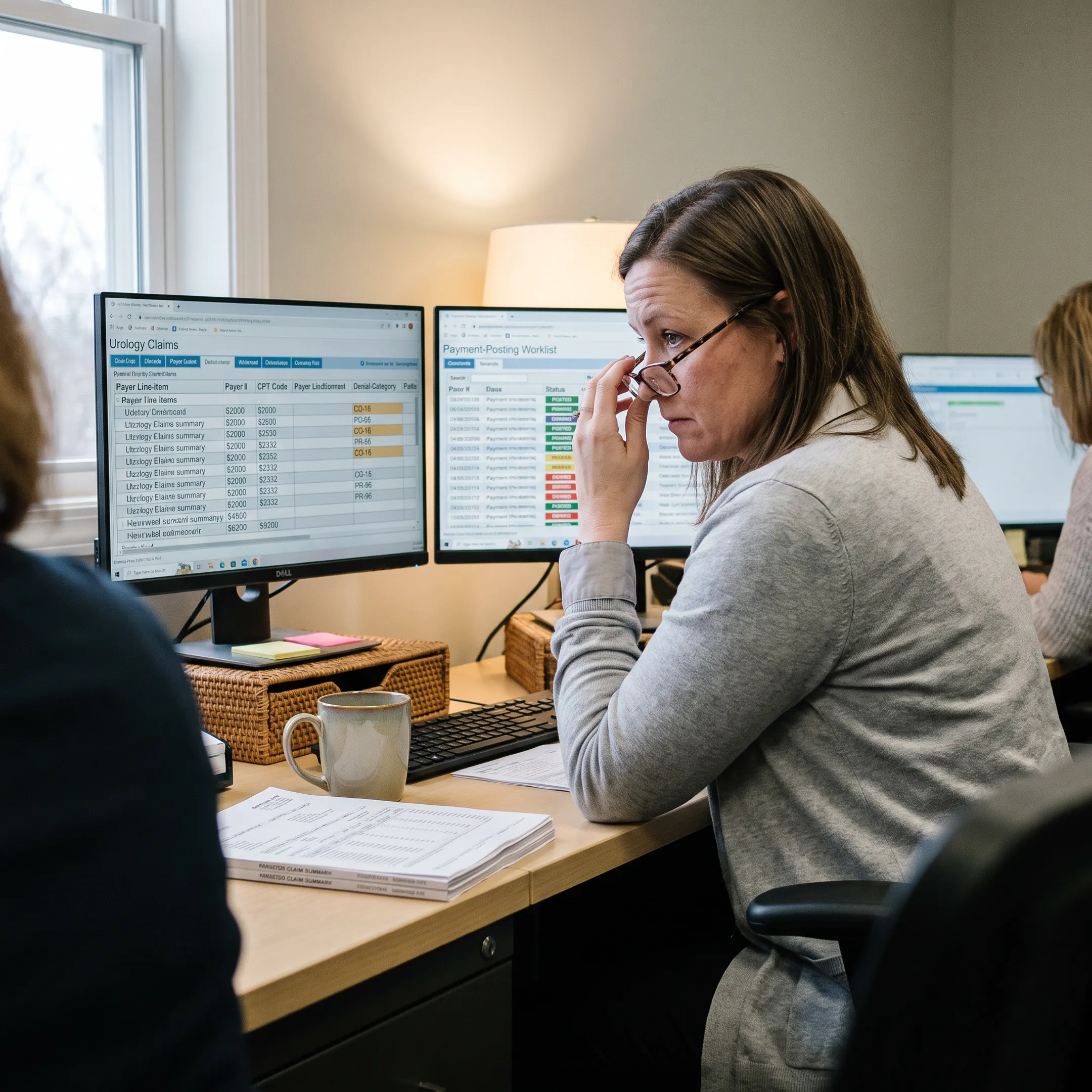 Urology billing specialist analyzing payment posting and reimbursement data