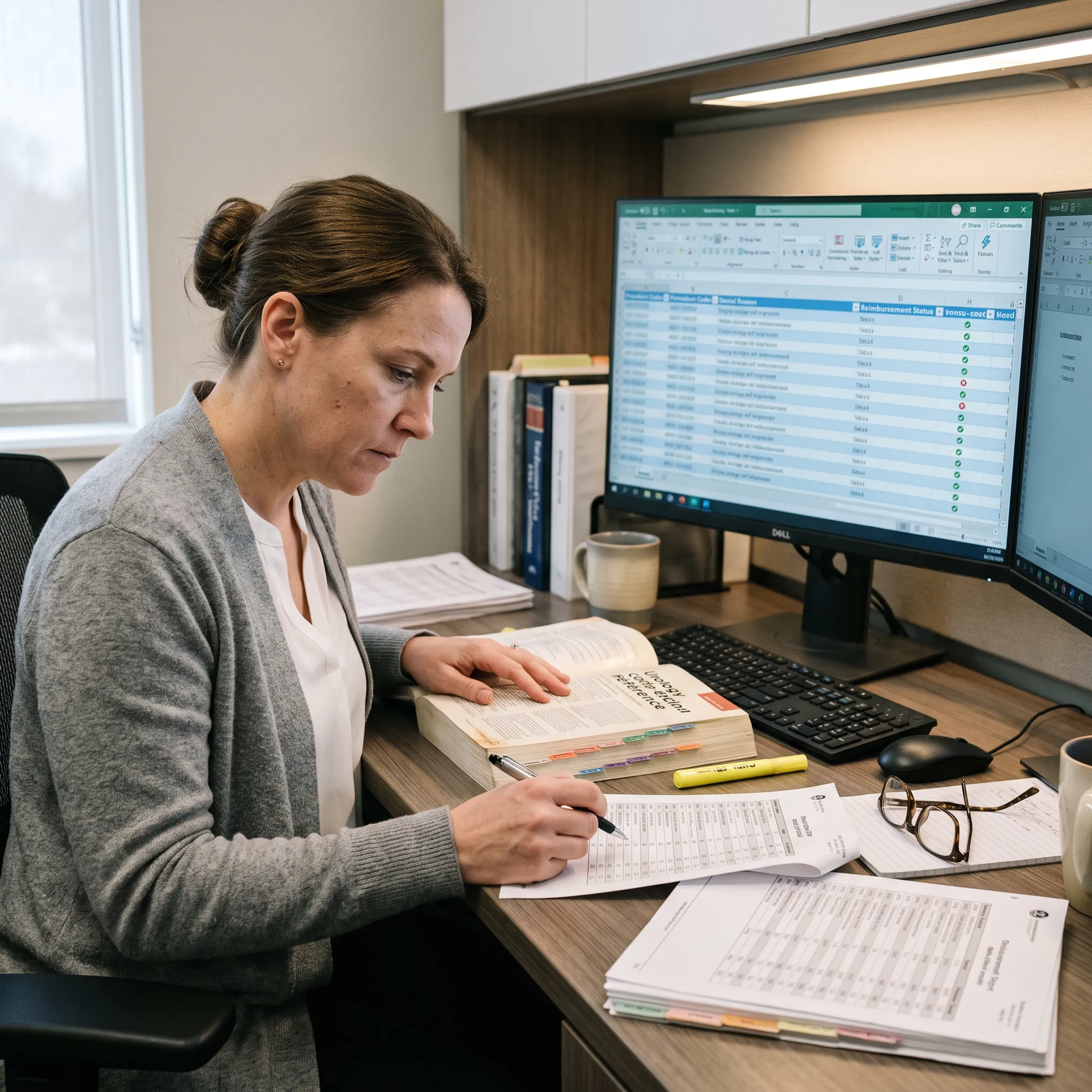 Urology coding specialist reviewing claims and reimbursement data on a computer