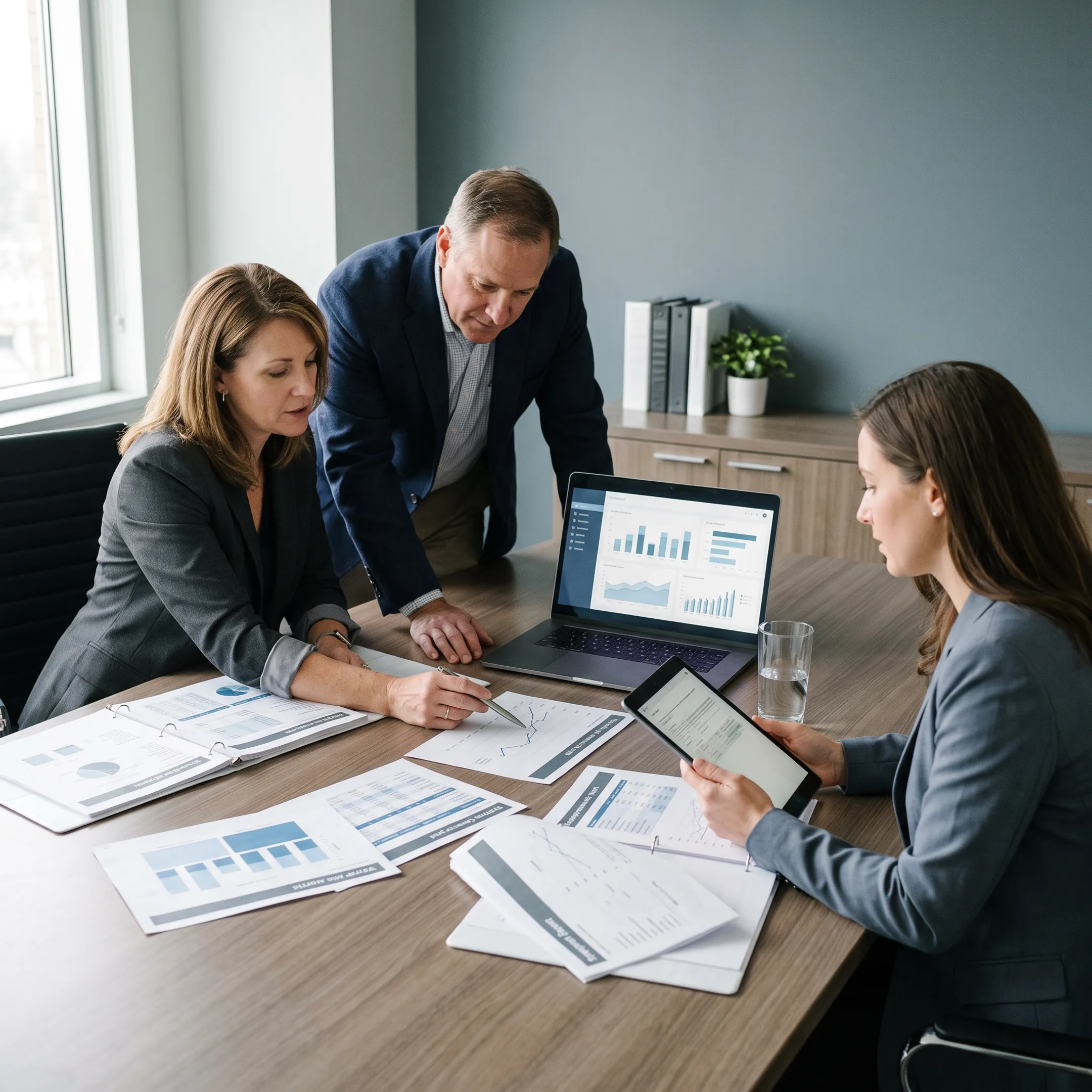Urology consultants analyzing practice economics and startup planning materials