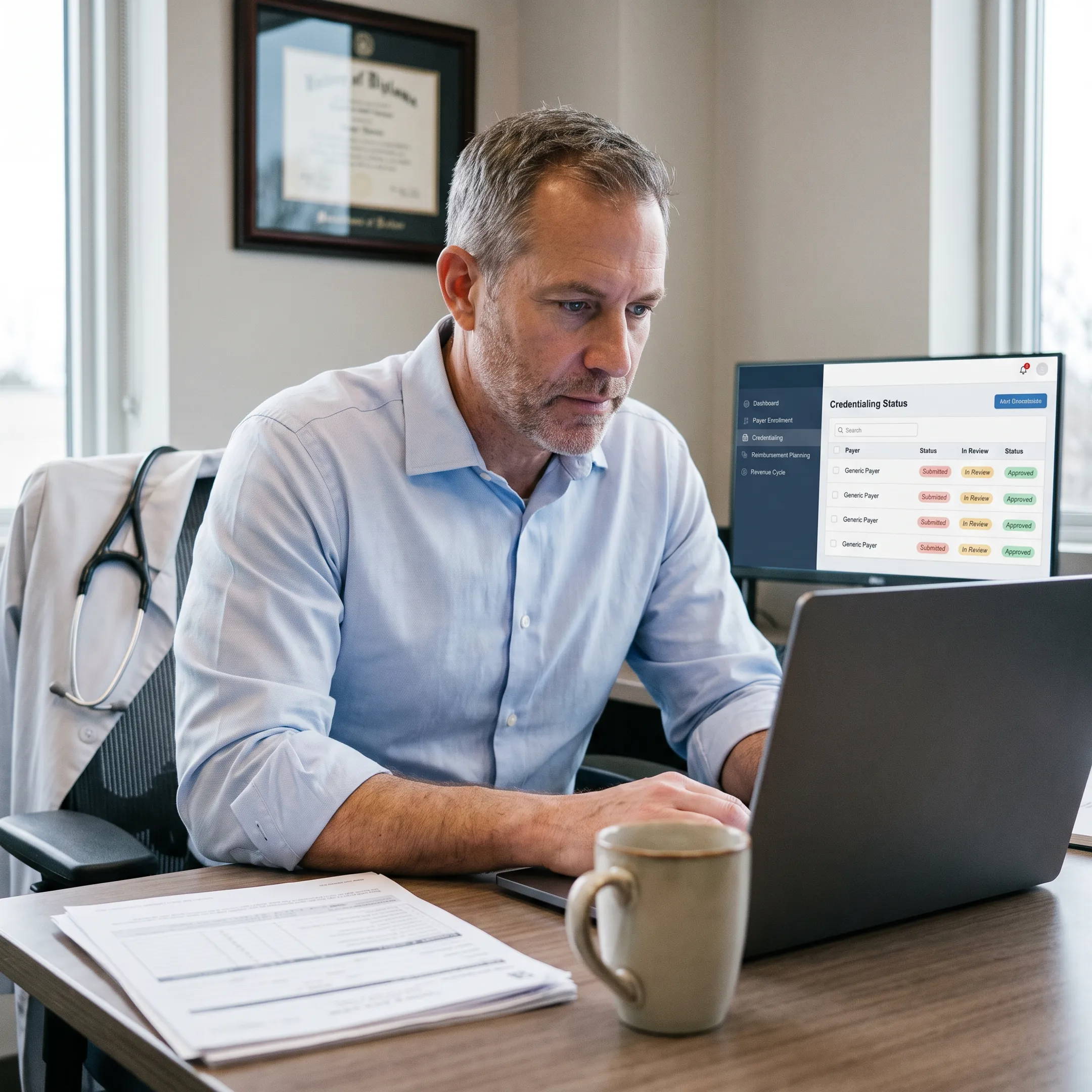 Urology practice owner reviewing payer credentialing workflow on a laptop
