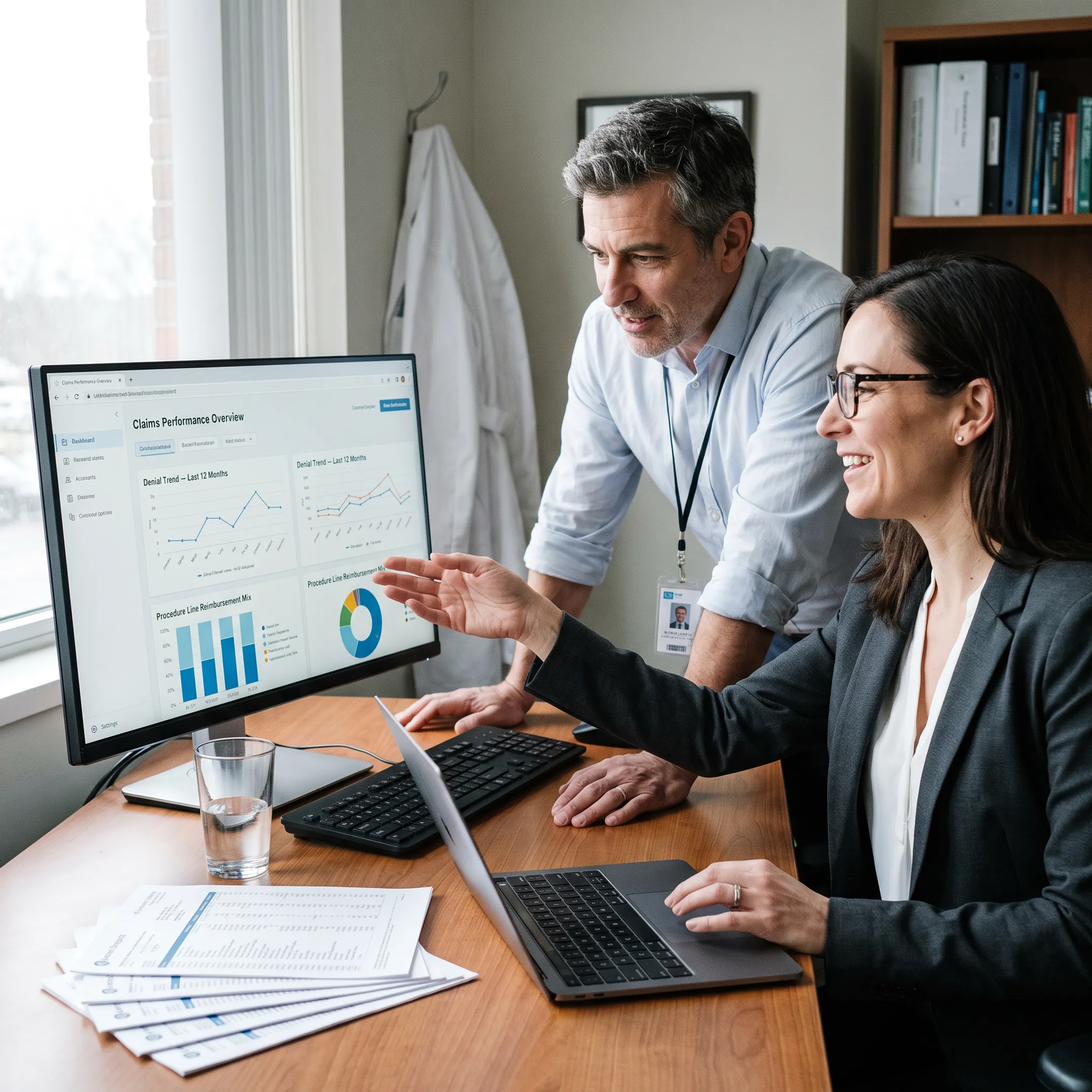 Urology practice owner reviewing revenue cycle analysis with billing consultant