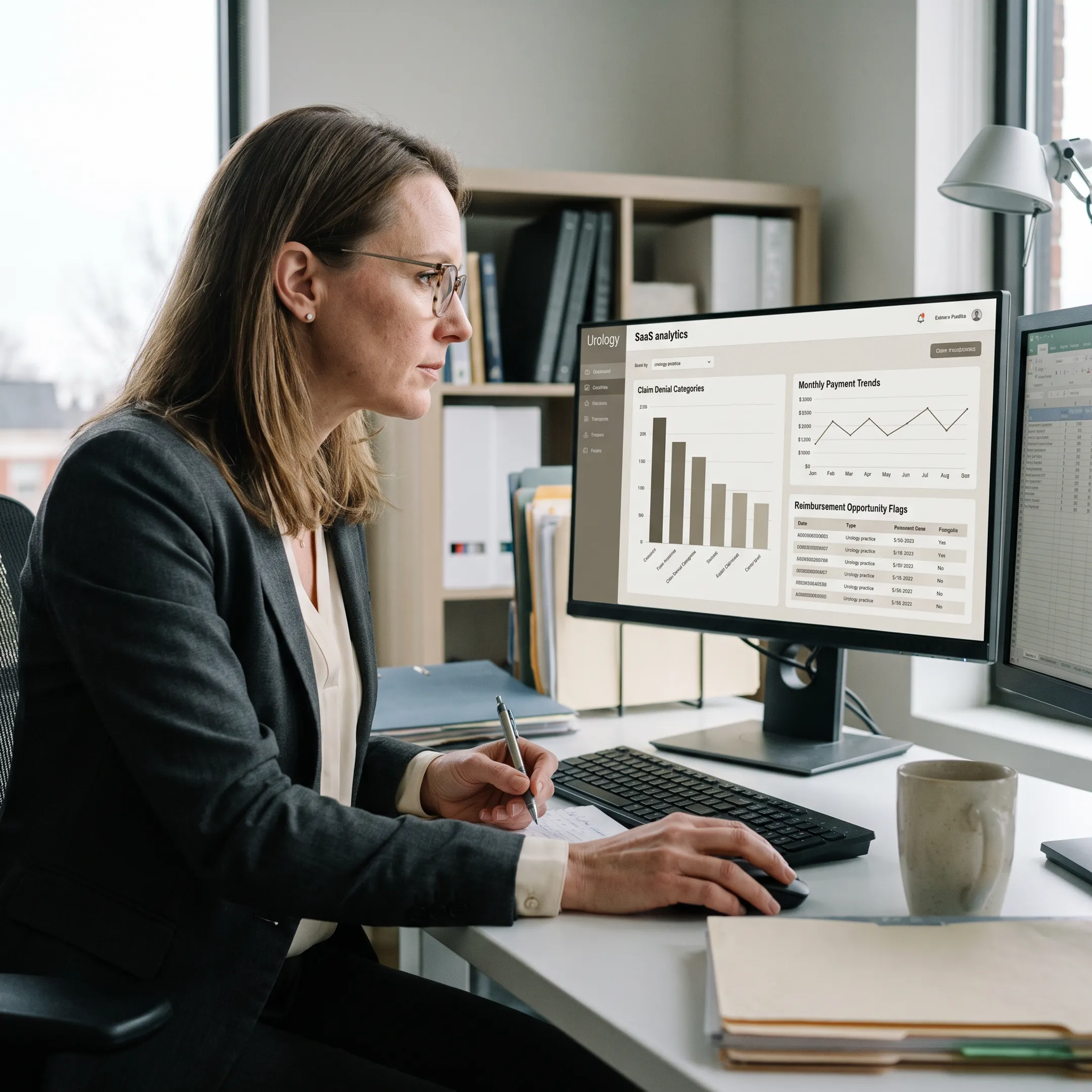Consultant analyzing urology reimbursement and revenue-cycle performance on a computer