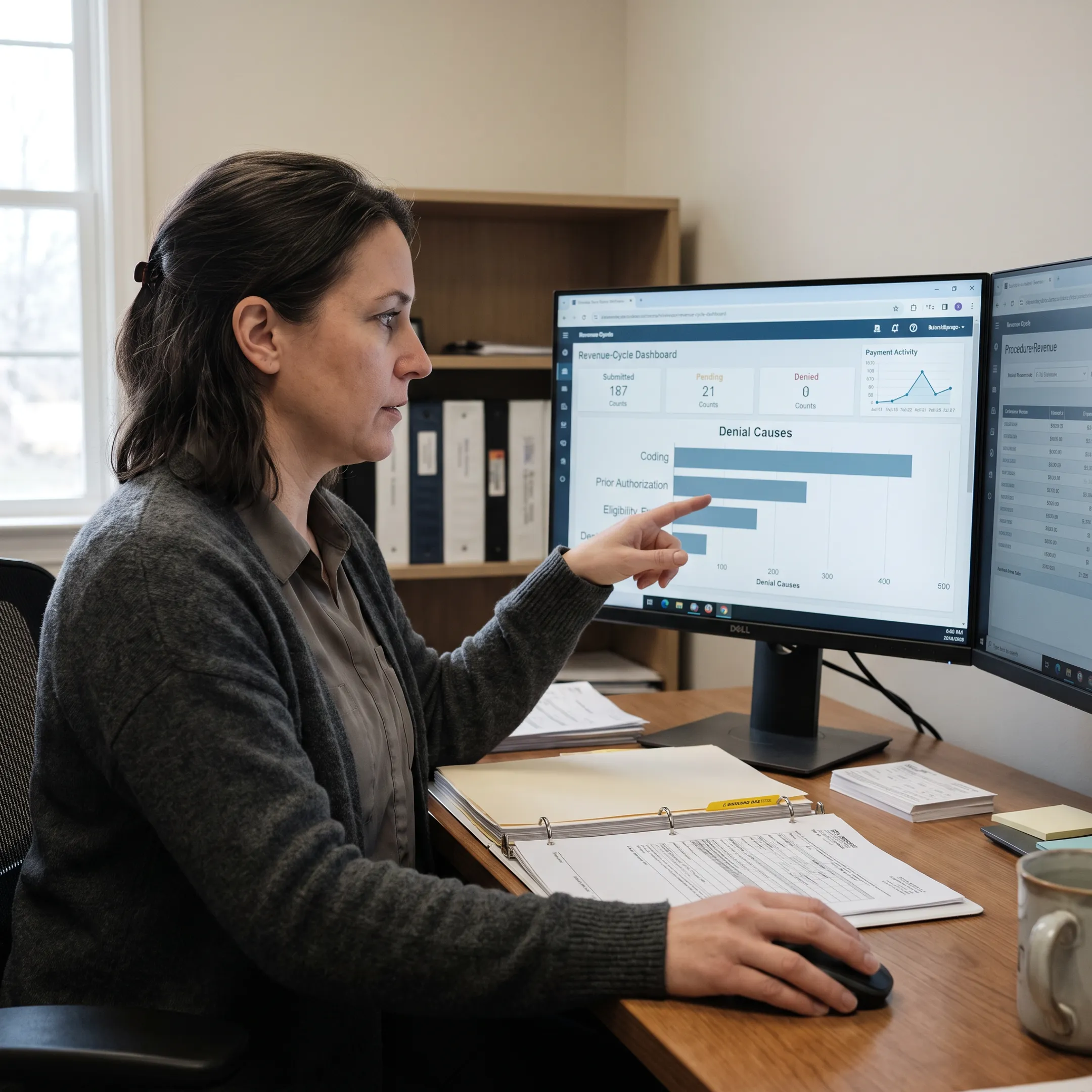 Urology administrator analyzing claims and revenue leakage reports