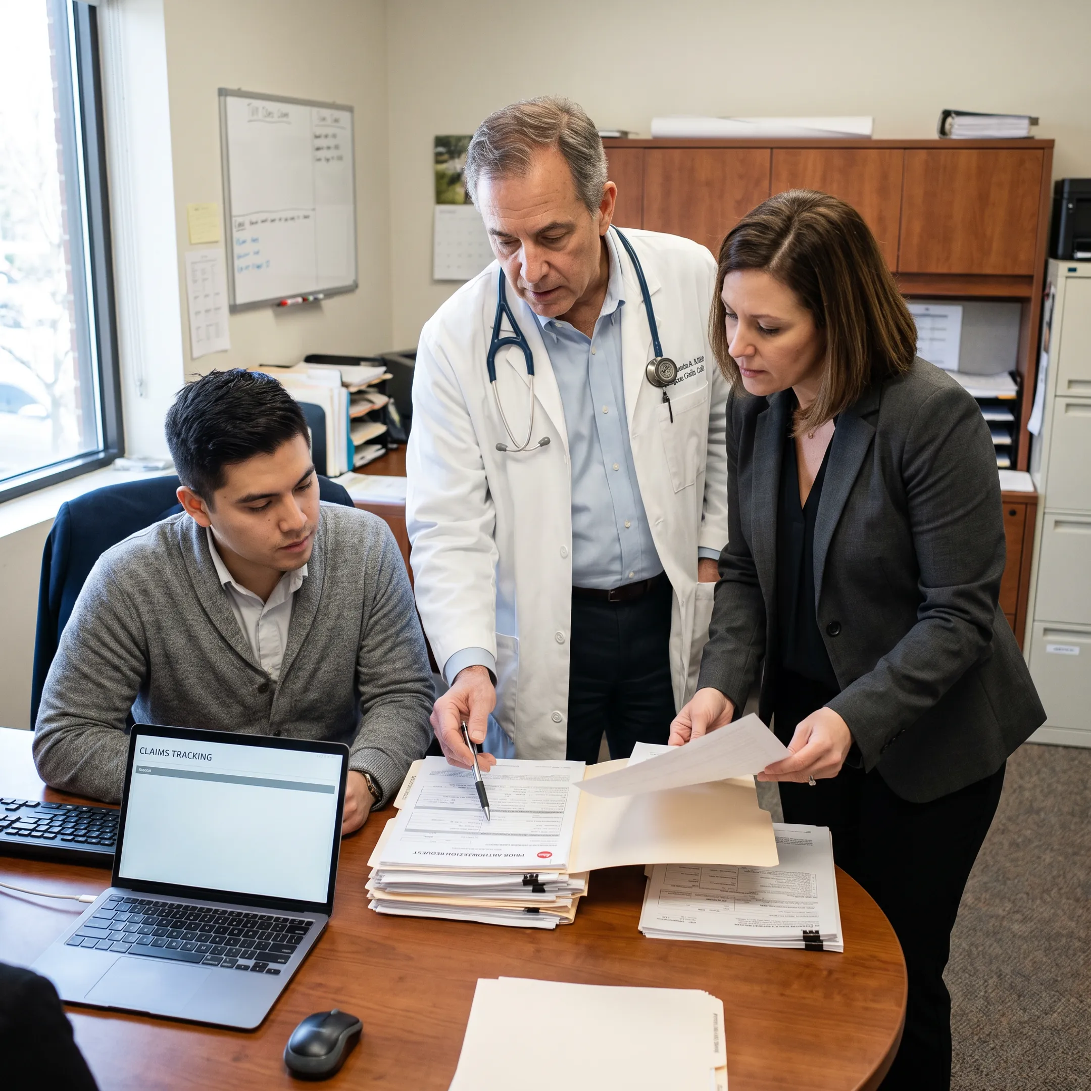 Urology practice team coordinating prior authorization documentation before a procedure