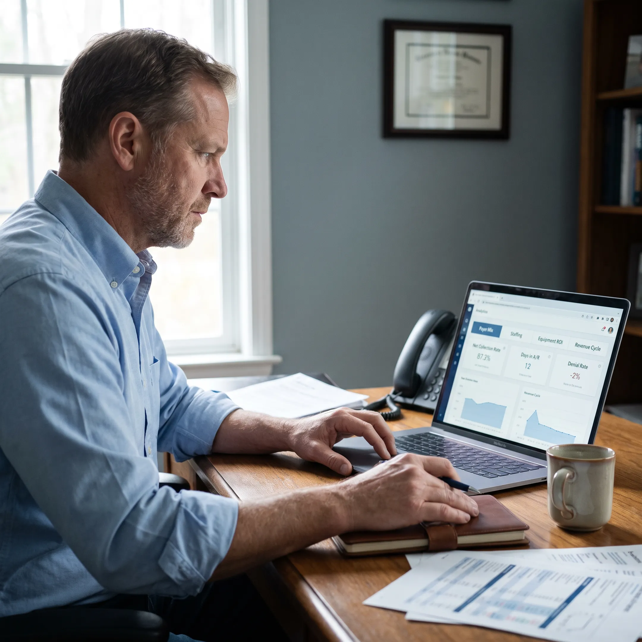 Independent urology practice owner analyzing financial and operational data