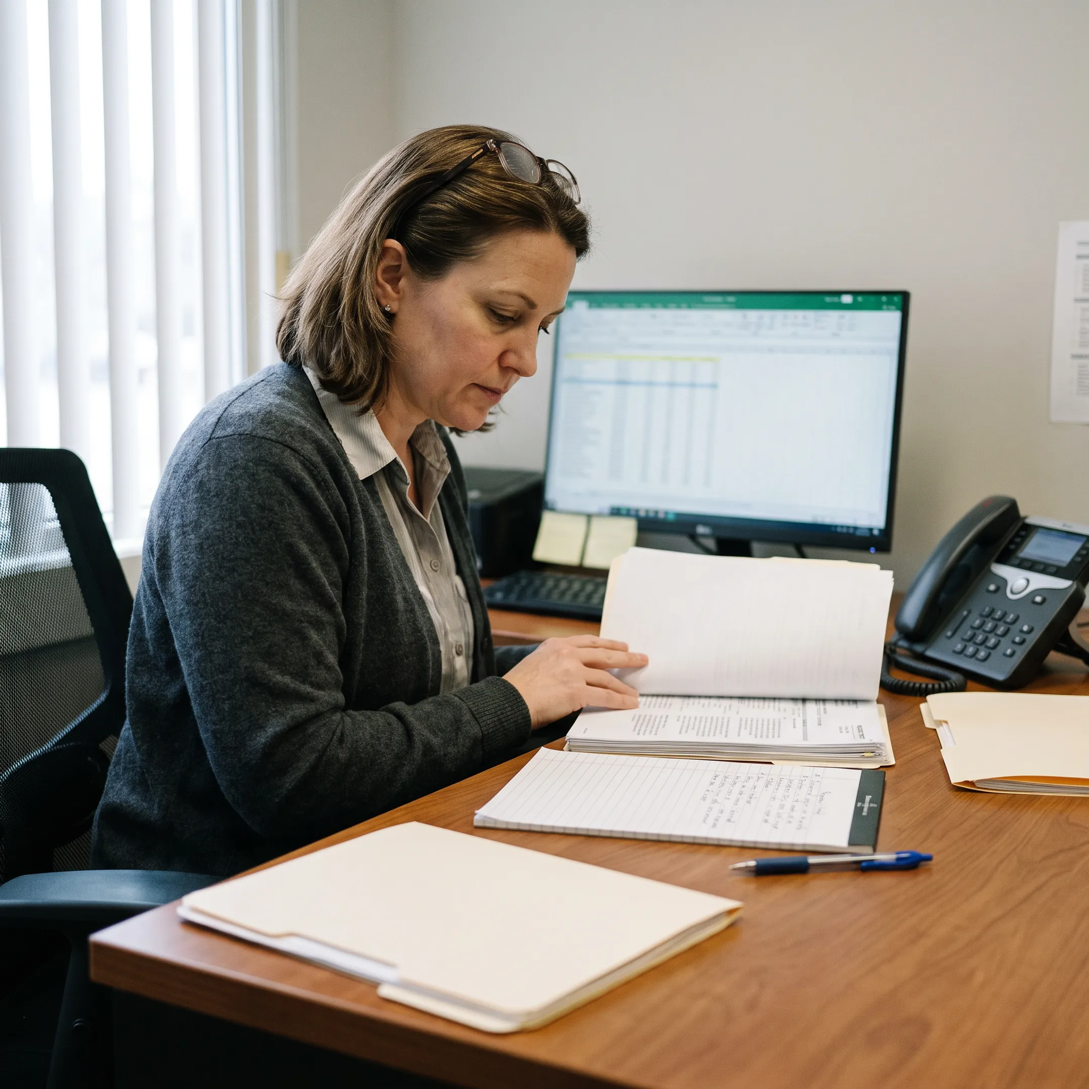 Healthcare administrator organizing urology authorization workflow