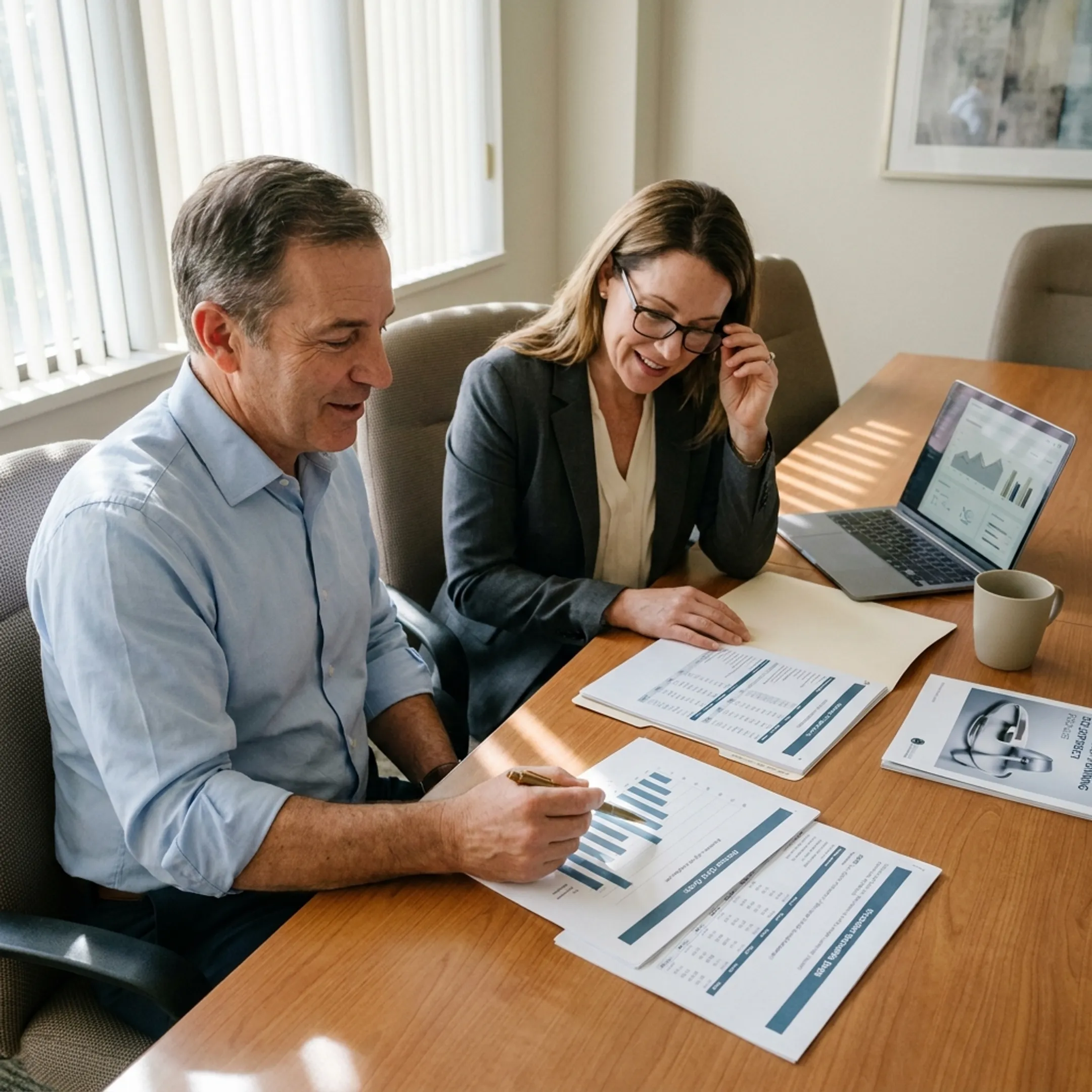 Urology practice owner reviewing financial and operational planning data with a colleague