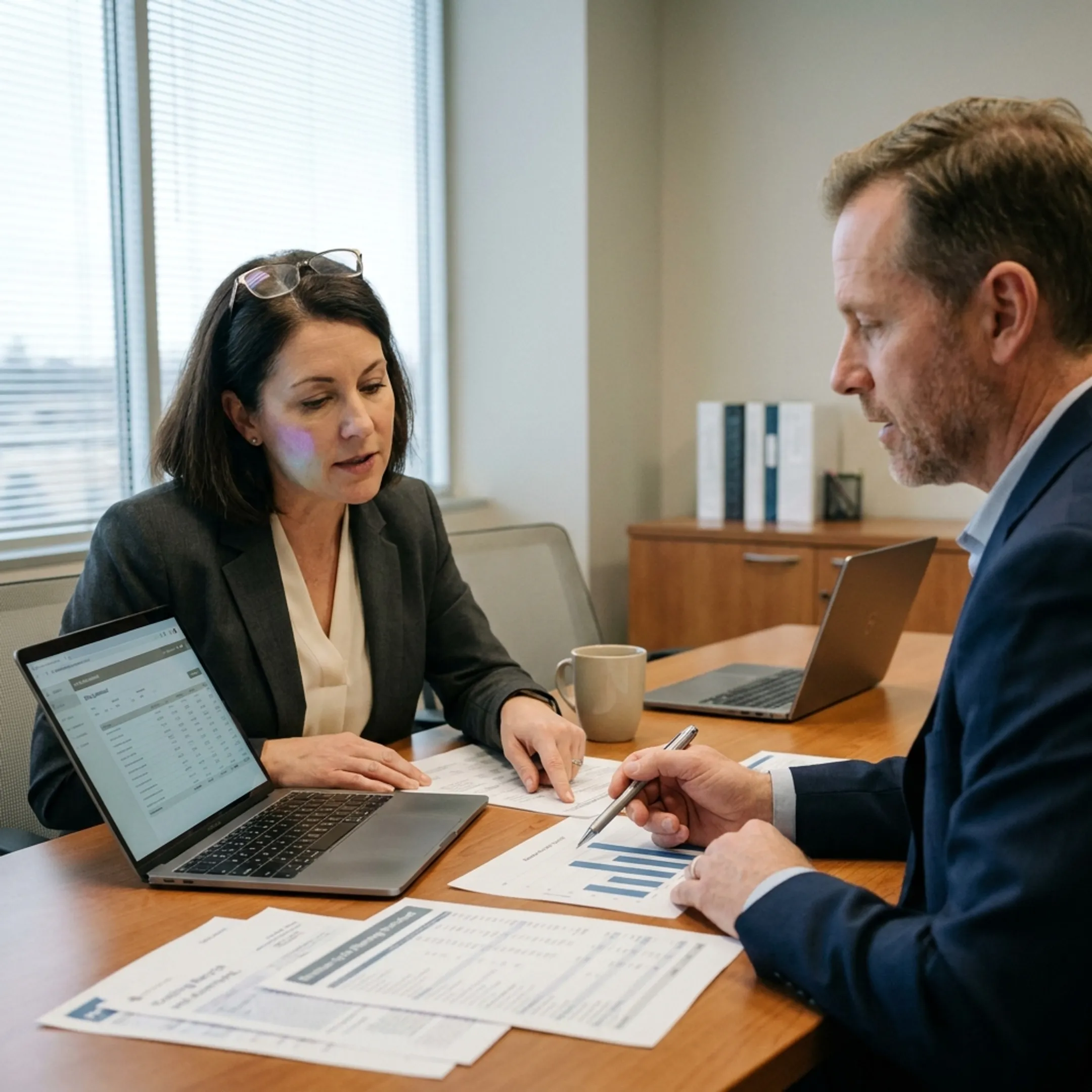 Urology practice administrator reviewing billing and revenue cycle reports with a consultant